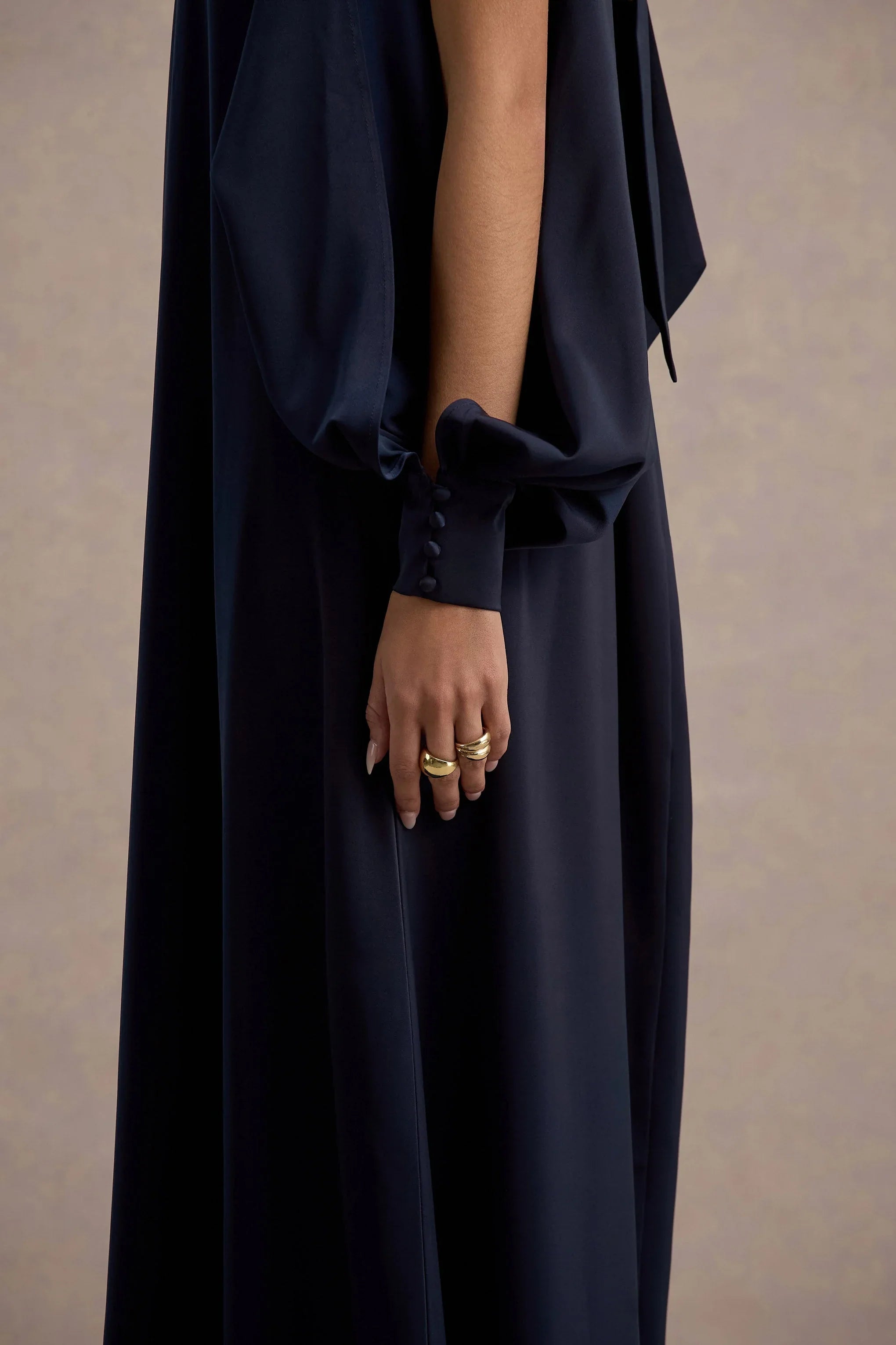 Baila Navy Satin High Neck Cape Sleeve Maxi Dress
