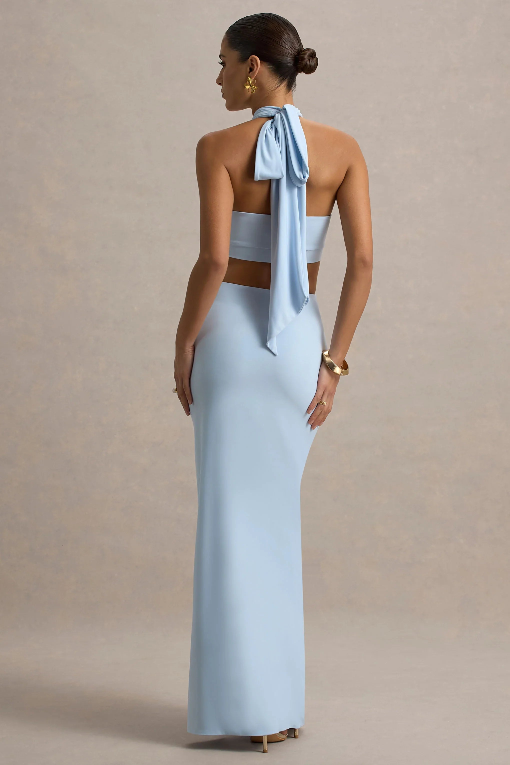Aura Powder Blue Halter Neck Cut Out Split Maxi Dress