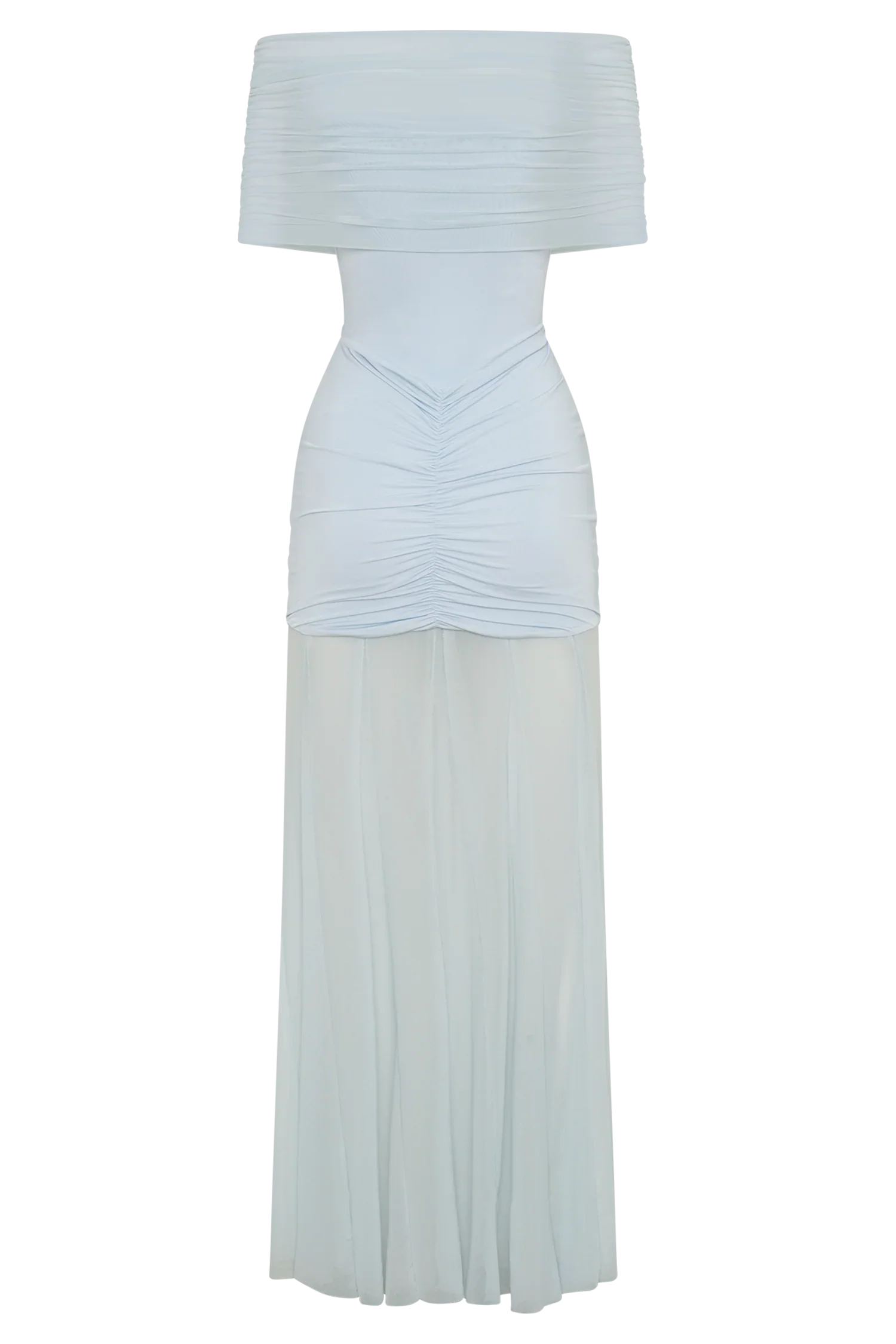 Caspian Slinky And Mesh Off Shoulder Maxi Dress Pale Blue