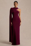 Dawn Burgundy Asymmetric Neck Maxi Dress With One Long Sleeve And Cape