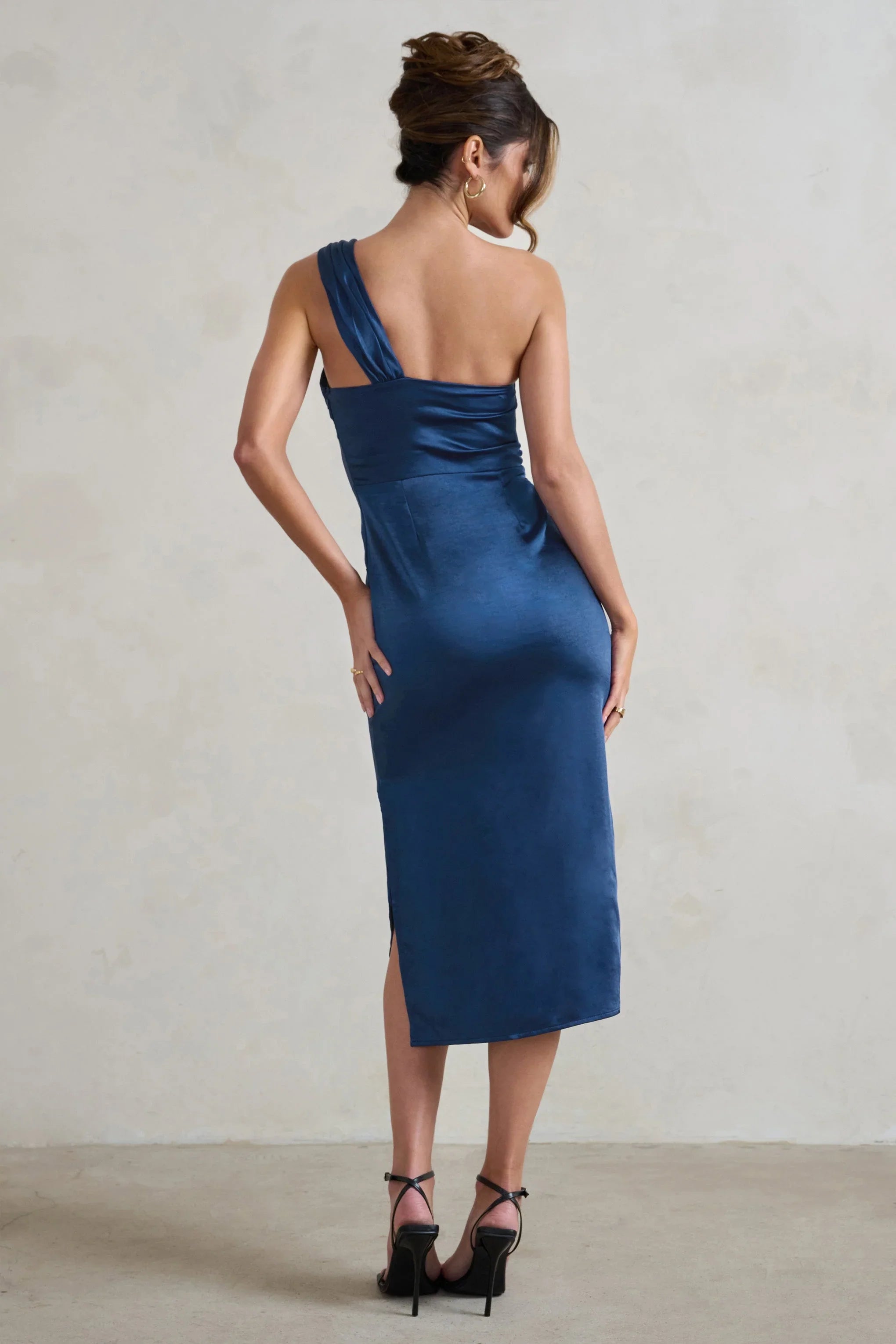 Steffie Navy Asymmetric Satin Midi Dress