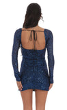 Blue Sequin V Neck Long Sleeve Dress in Black