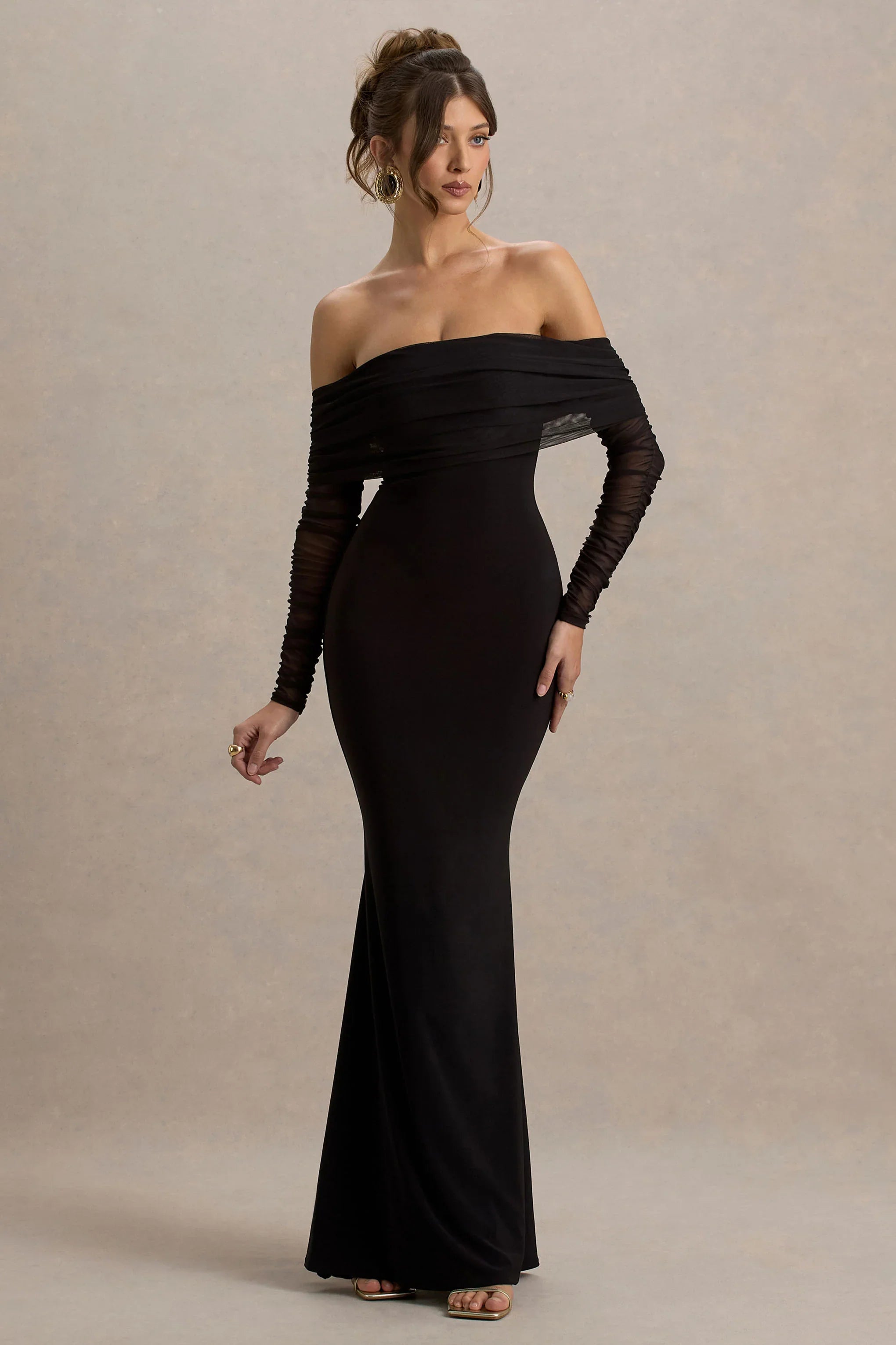 Madeleine Black Fishtail Maxi Dress With Bardot Mesh Long Sleeves