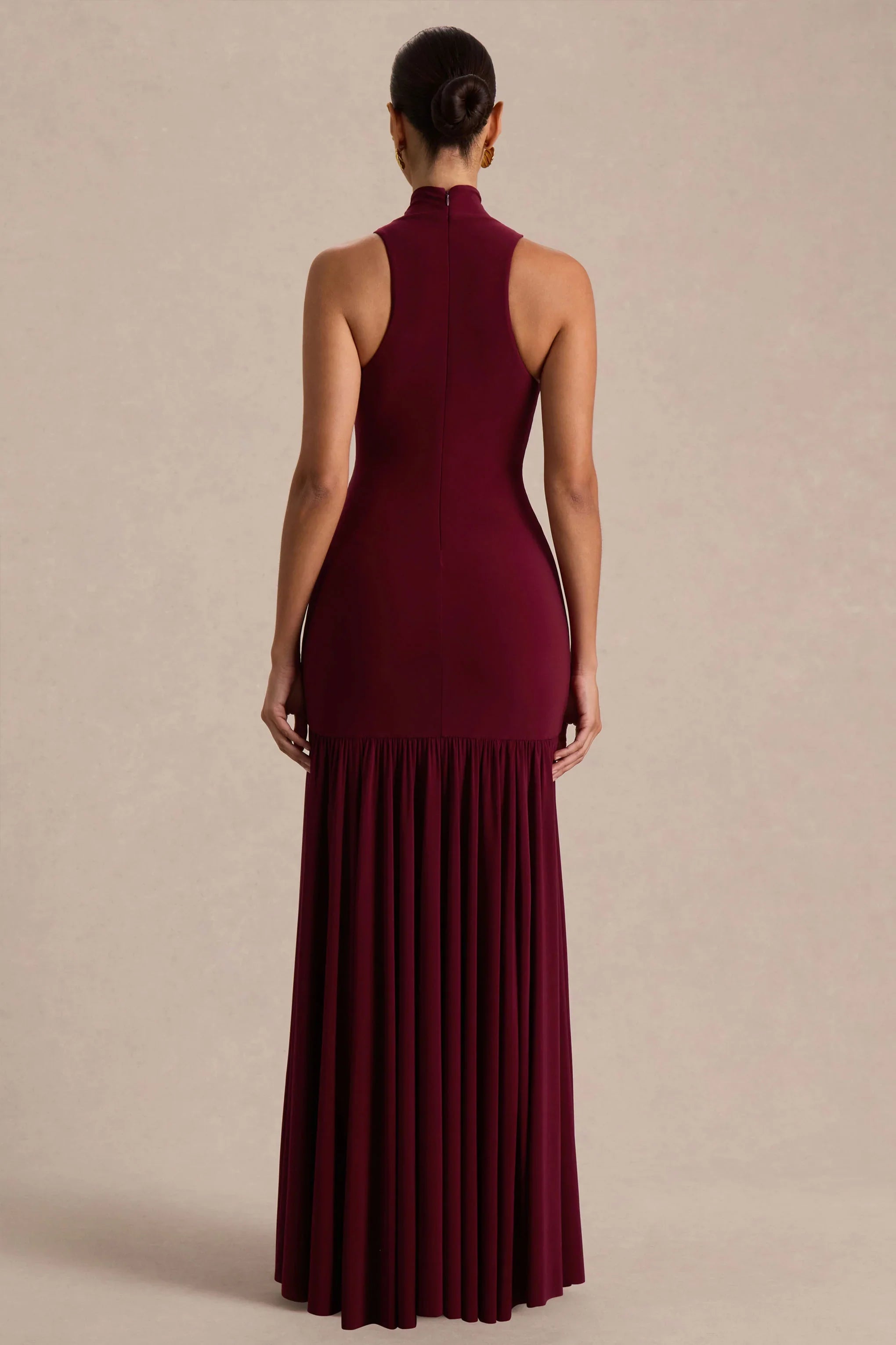 Tasmin Burgundy High Neck Maxi Dress With Drop Waist