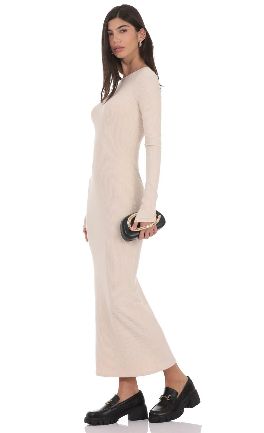 Ribbed Open Back Maxi Dress in Cream
