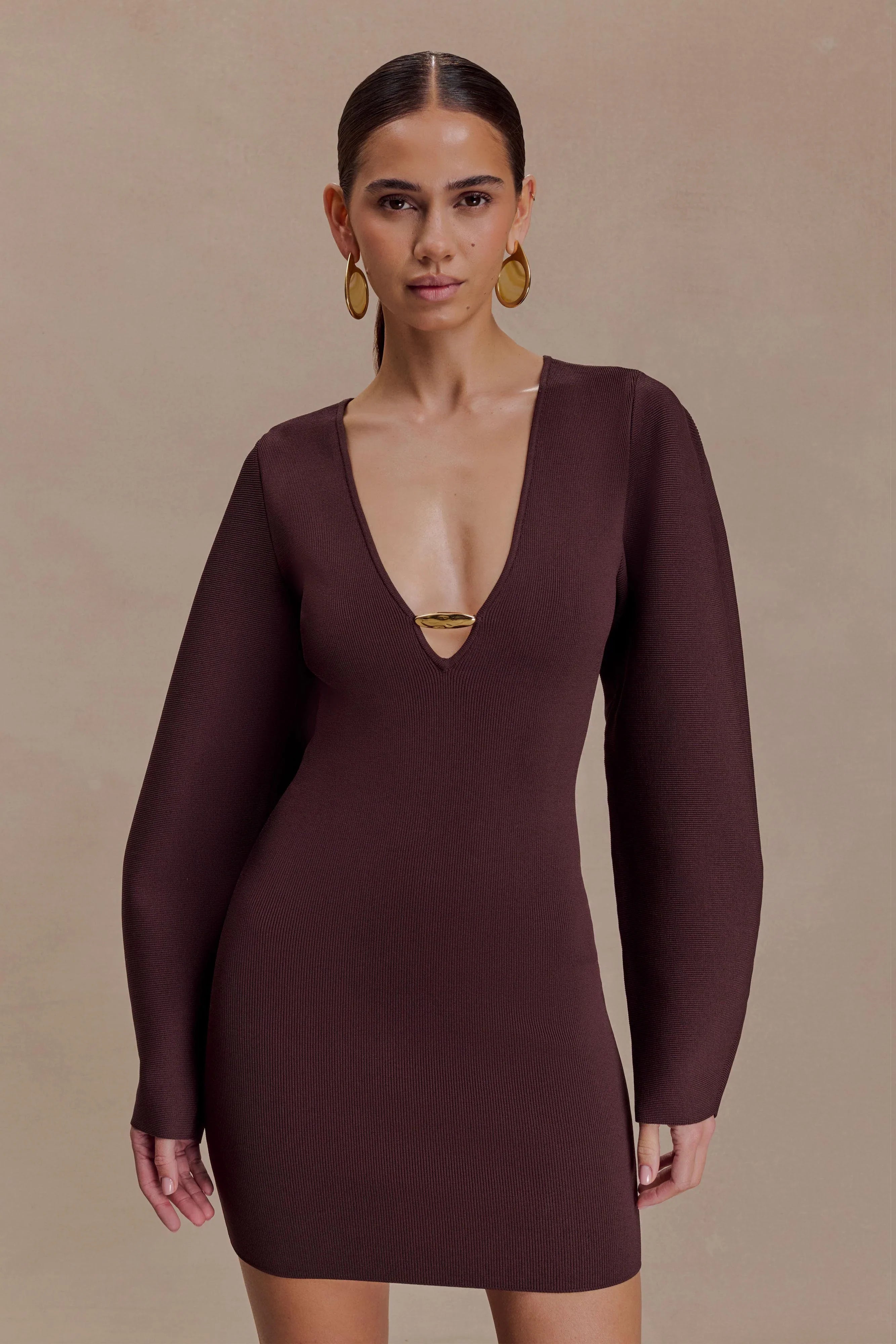 Billy Balloon Sleeve Knit Mini Dress Dark Chocolate