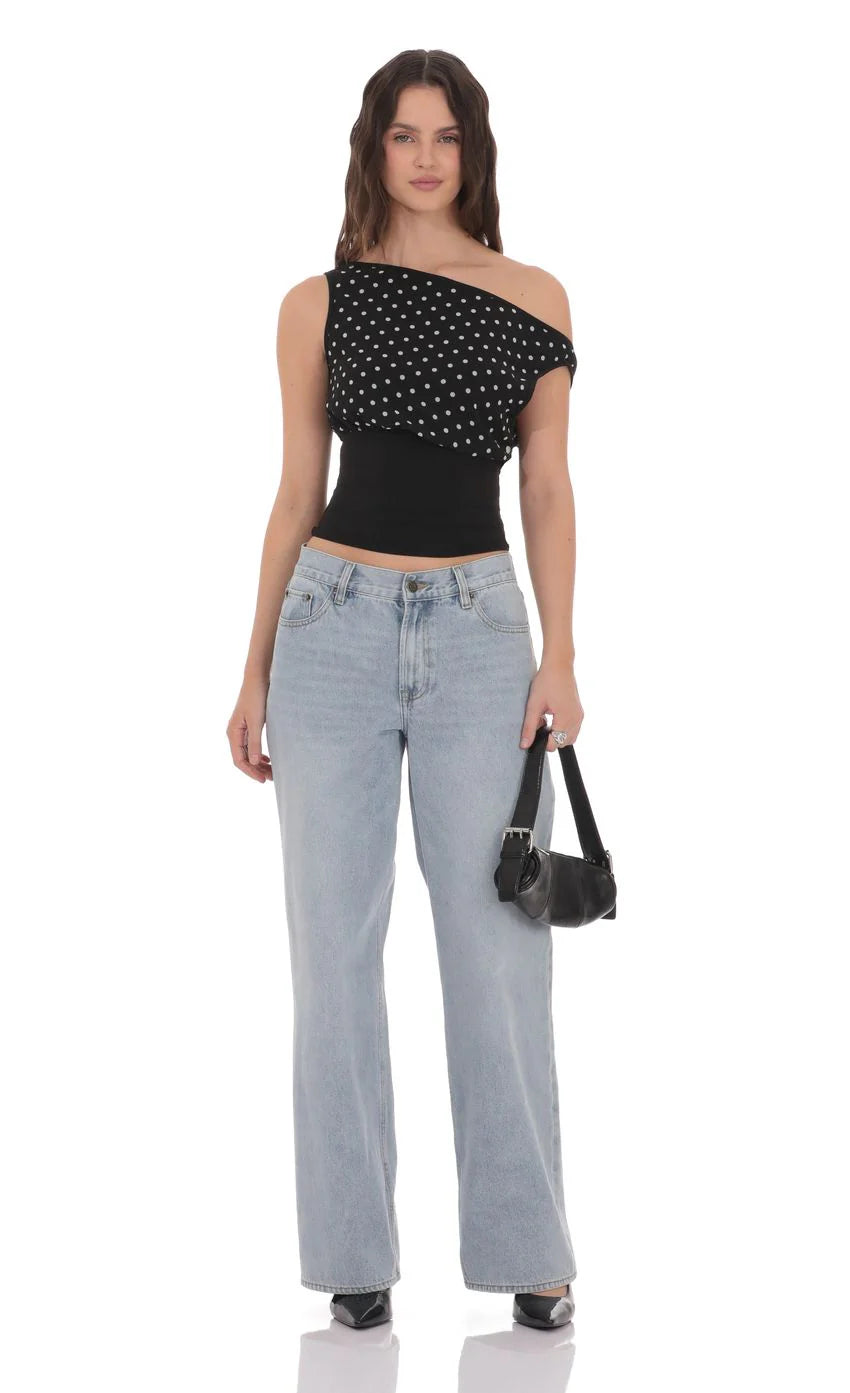 Polka Dot Boat Neck Top in Black
