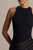 Akari Black Crew Neck Maxi Dress With Satin Skirt