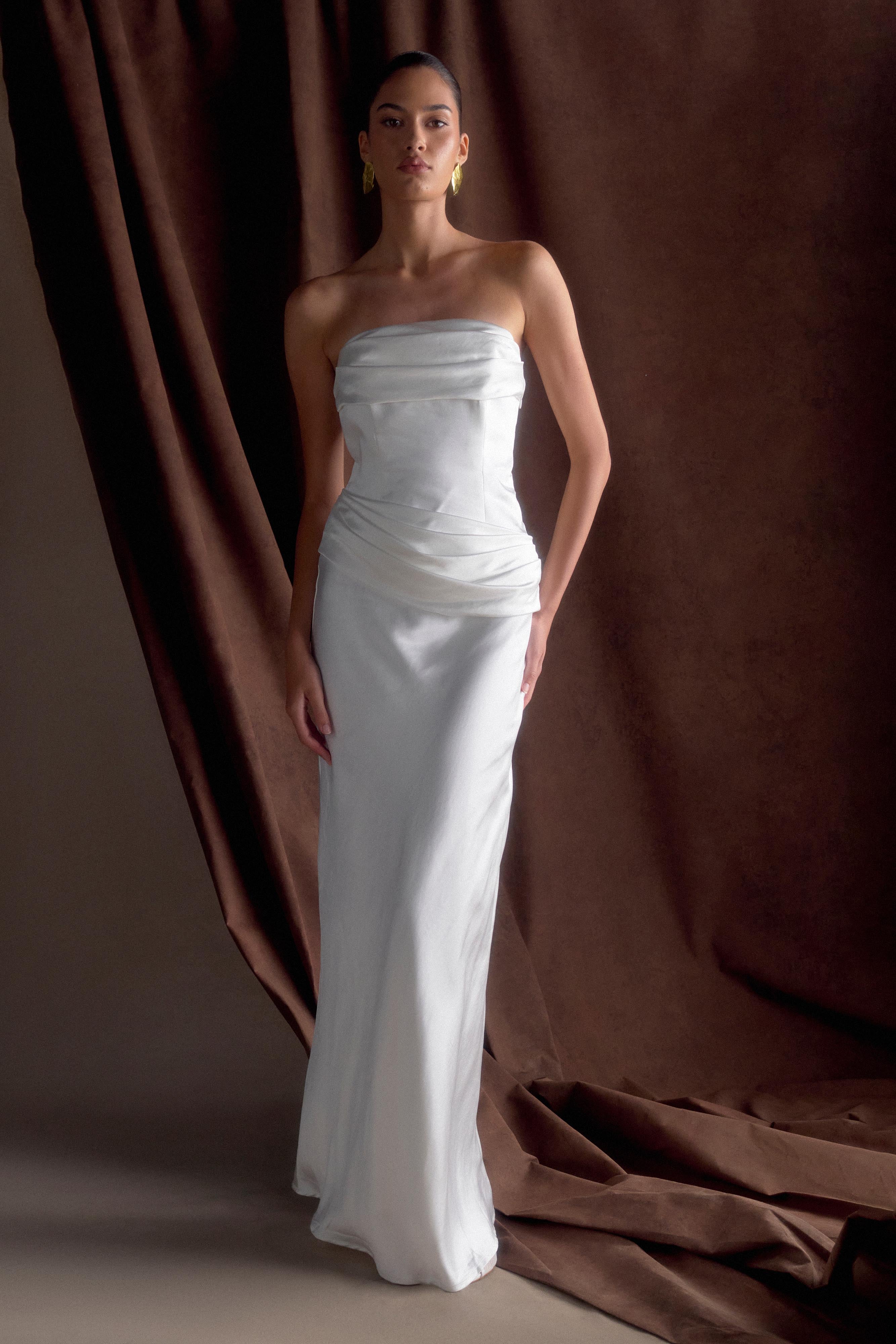 Jasmine Strapless Satin Maxi Dress White