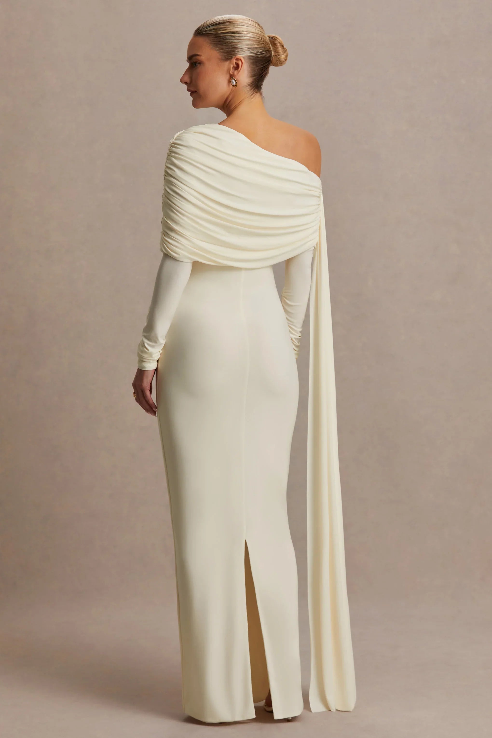 Cyra Cream Asymmetric Neck Maternity Maxi Dress With Sash