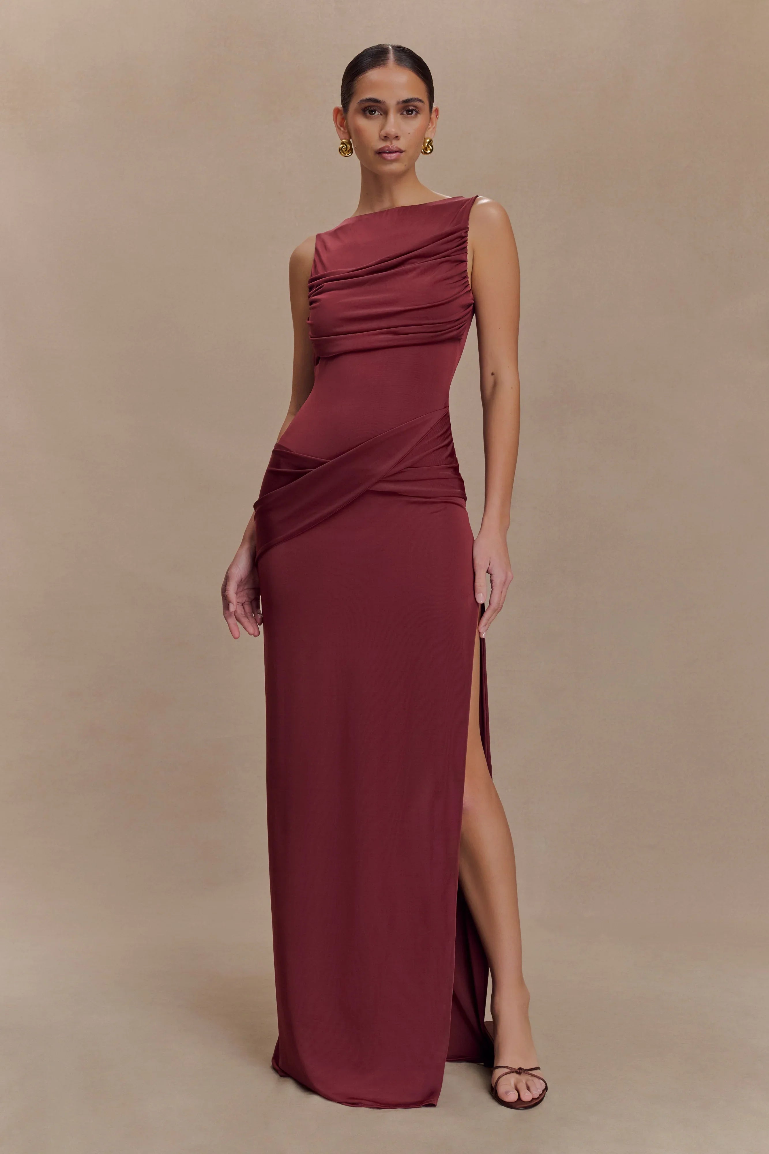 Henley Slinky Drape Maxi Dress Wine