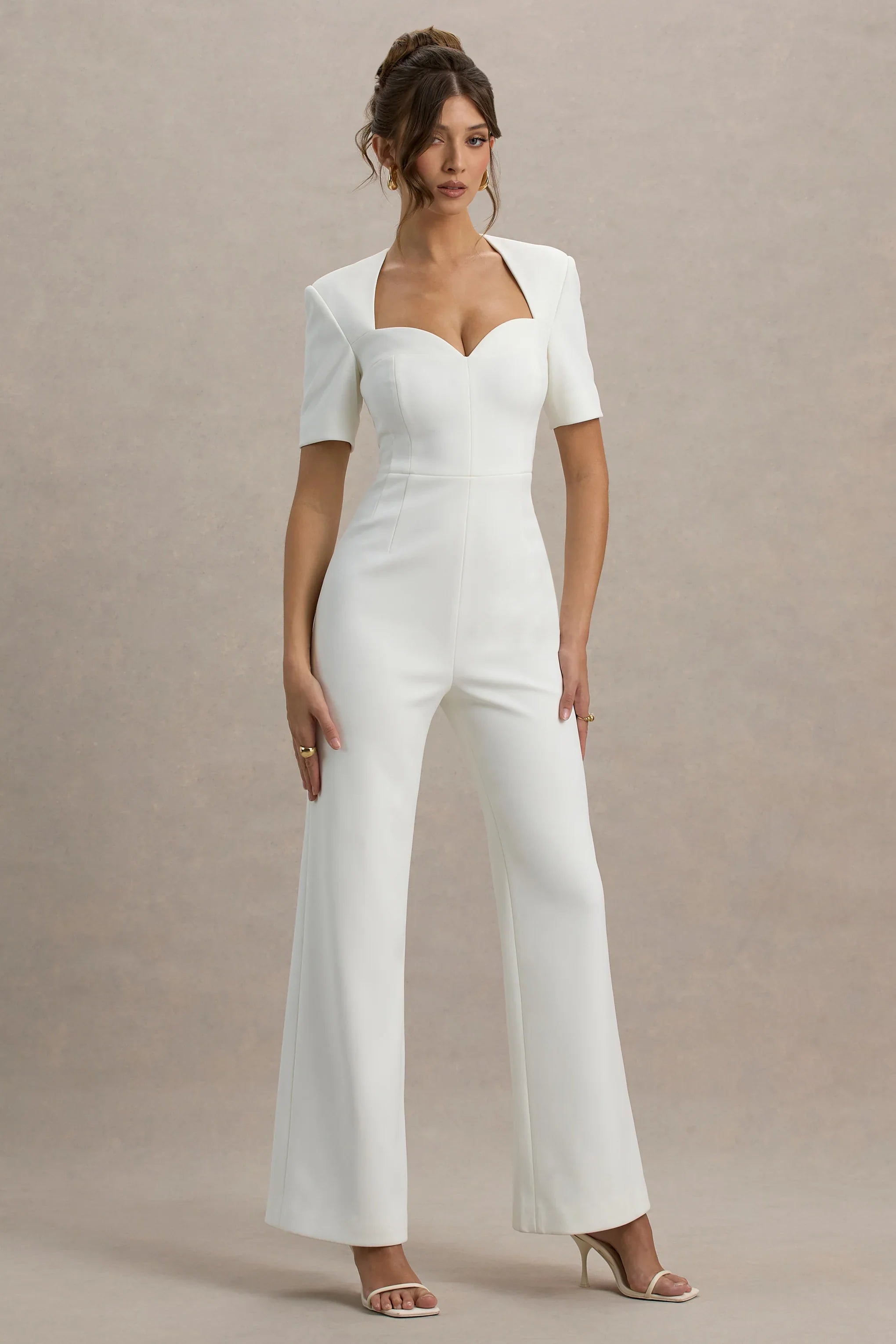 Simone White Sweetheart Short Sleeve Wide Leg Jumpsuit