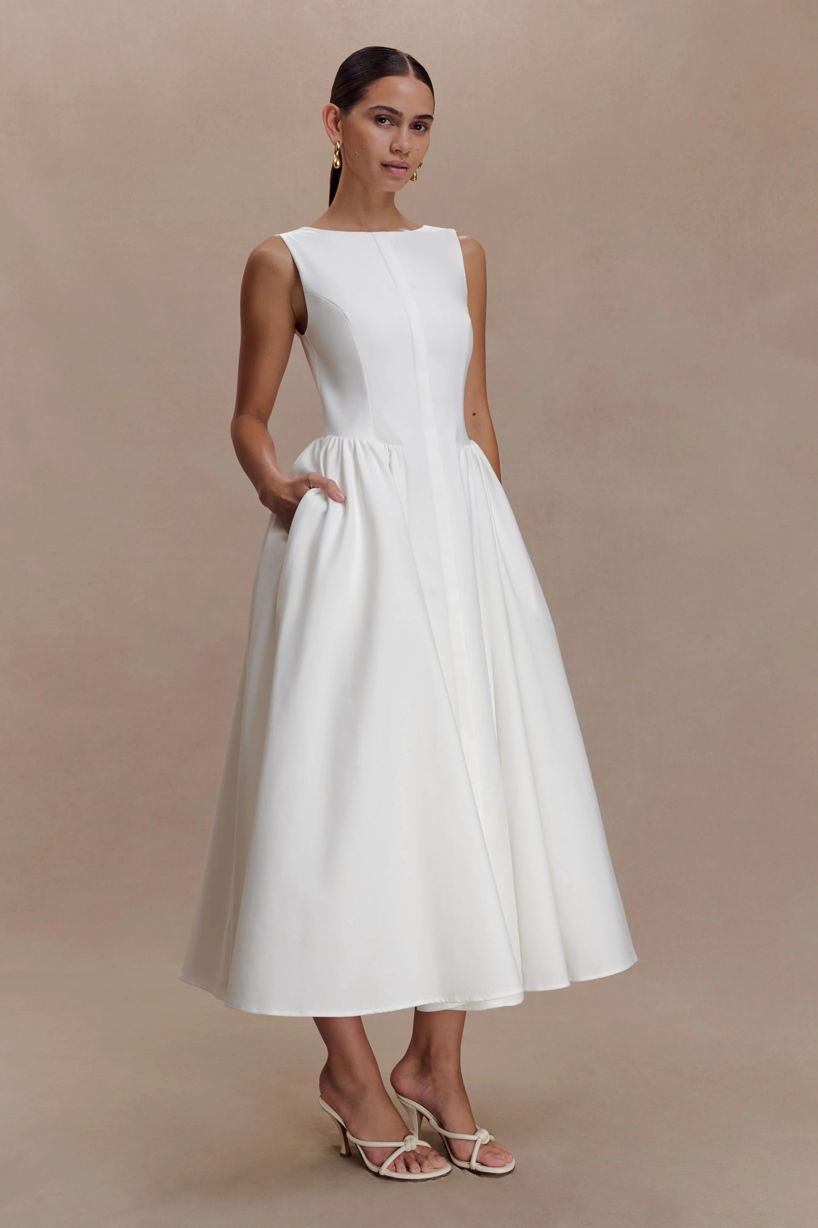 Monika Gathered Waist Cotton Midi Dress White