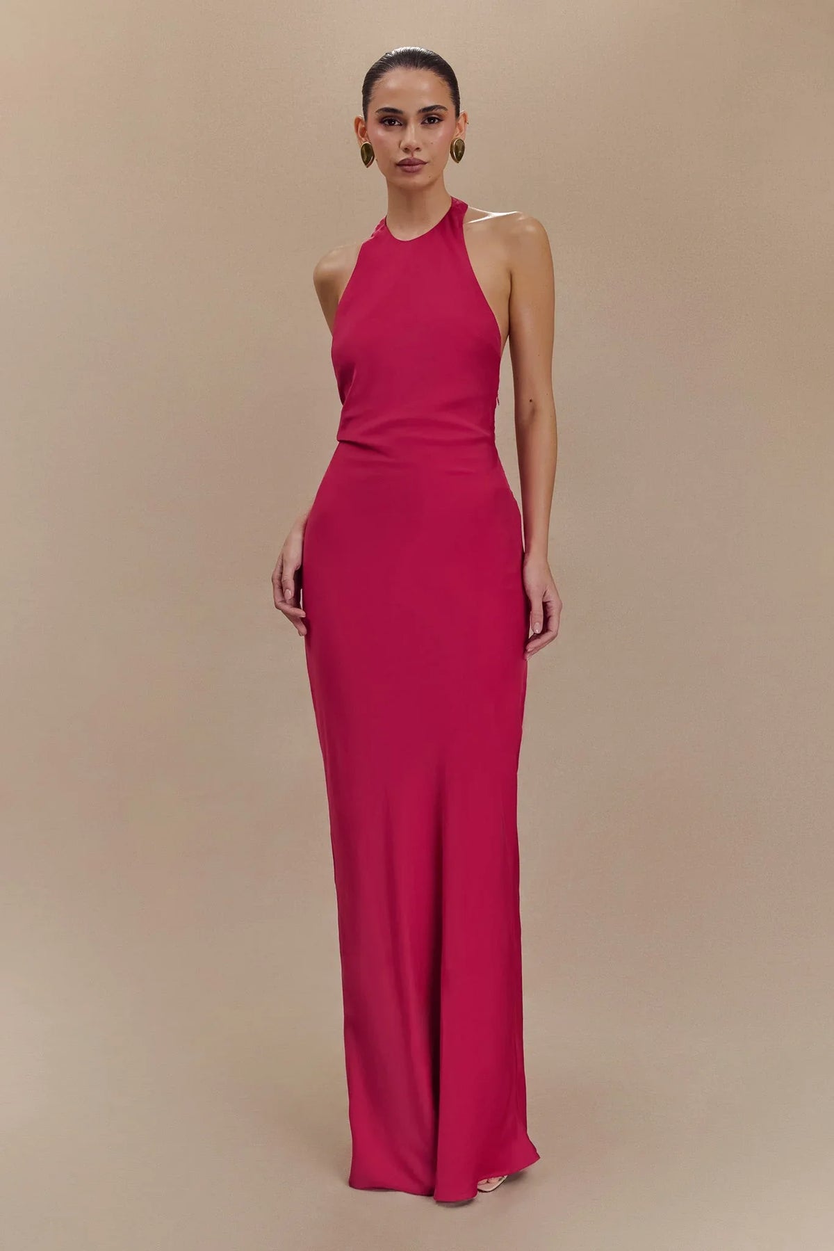 Rinna Satin Halter Maxi Dress Pink Cherry