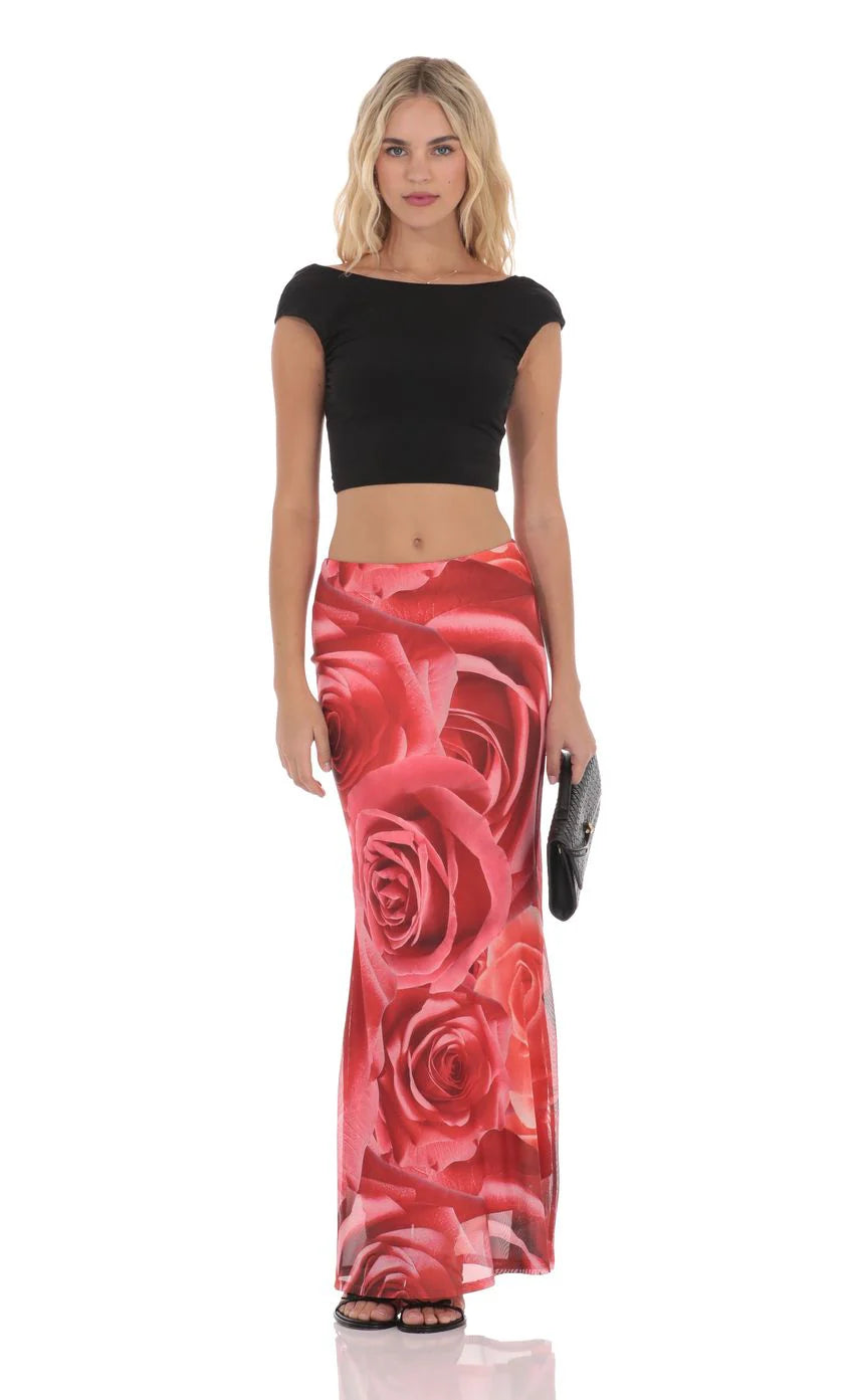 Mesh Rose Maxi Skirt in Red