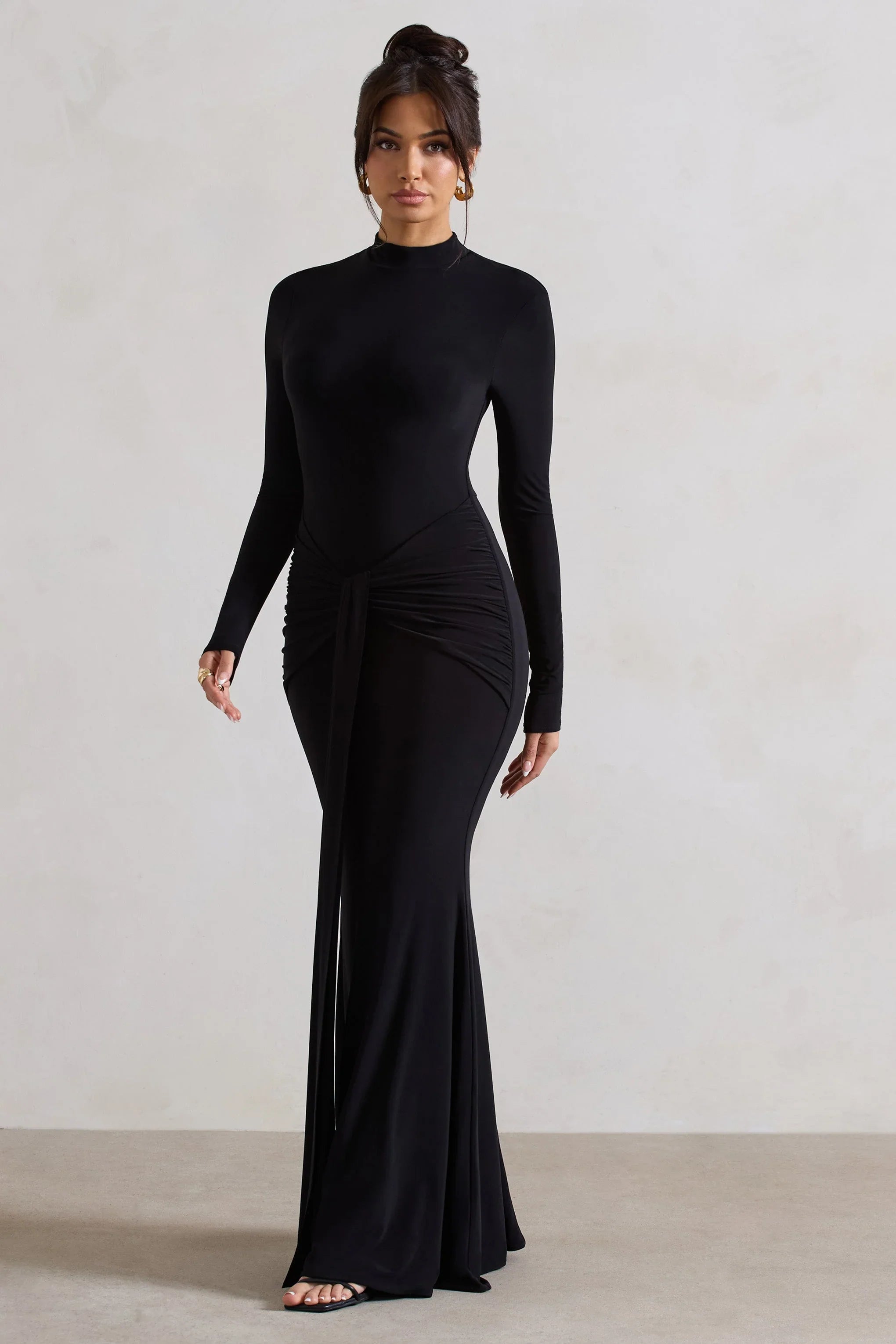 Pietra Black High Neck Long Sleeve Knot Maxi Dress