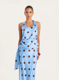 Blue And Chocolate Polka Dot Satin Halterneck Top