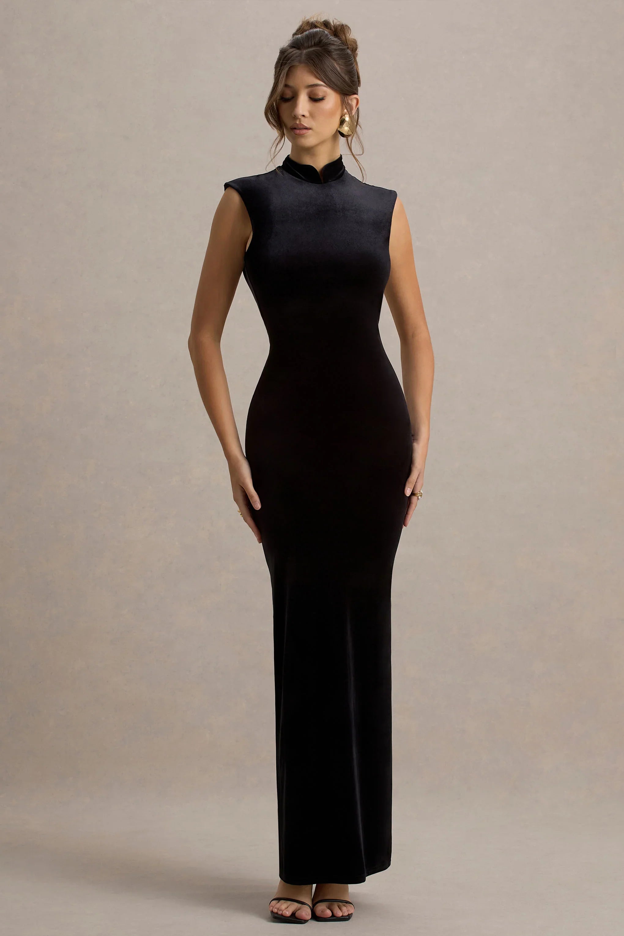 Samaria Black Velvet High Neck Maxi Dress