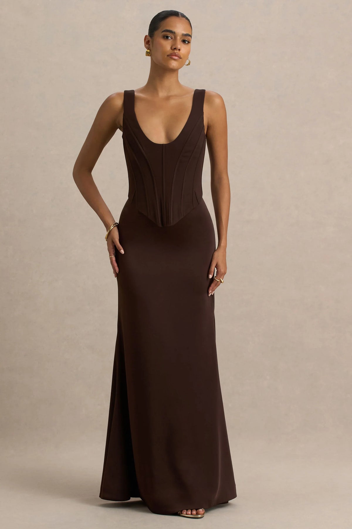 Morgan Brown Satin Corset Maxi Dress