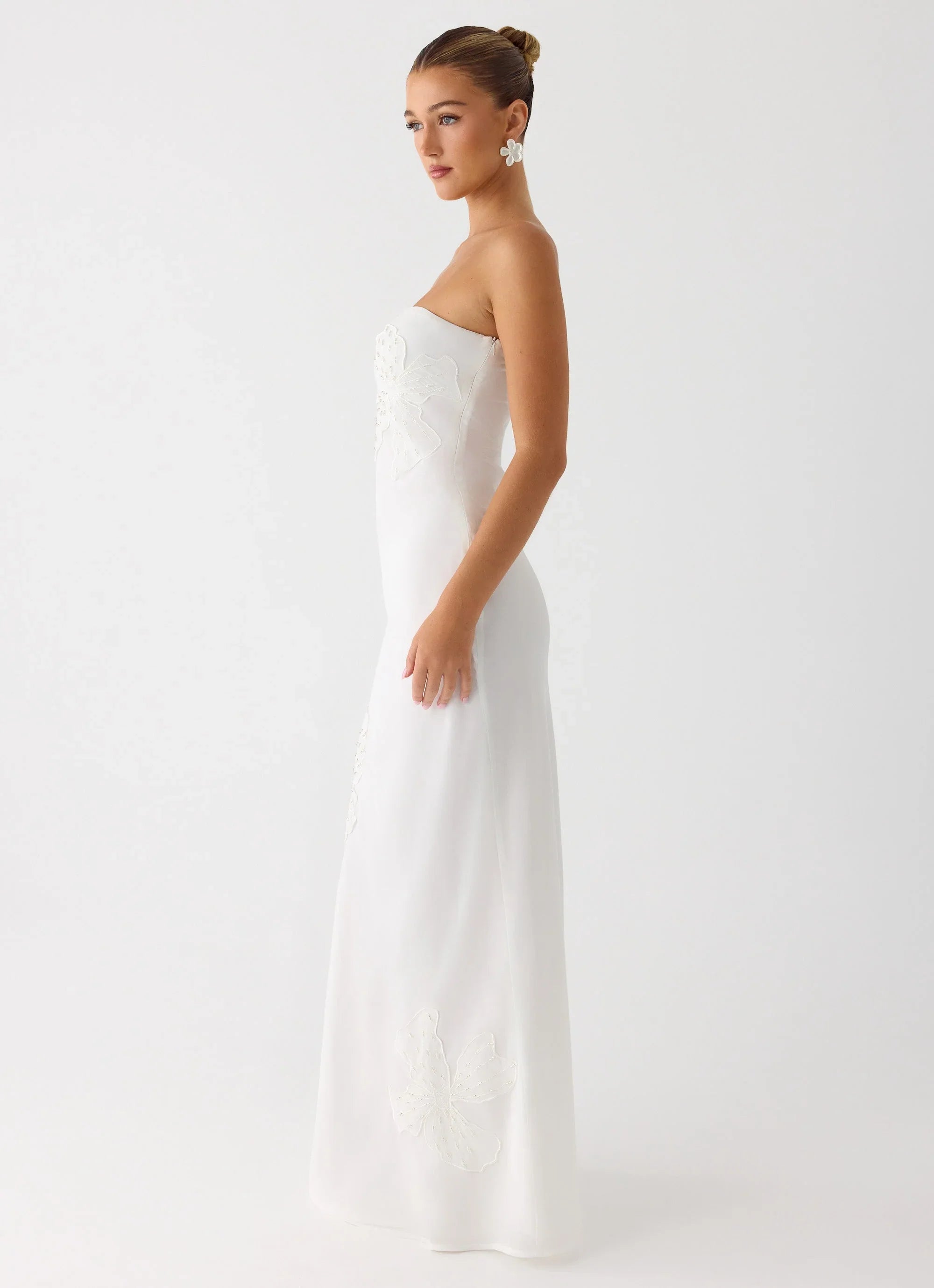 Sassafras Beaded Flower Strapless Maxi Dress White
