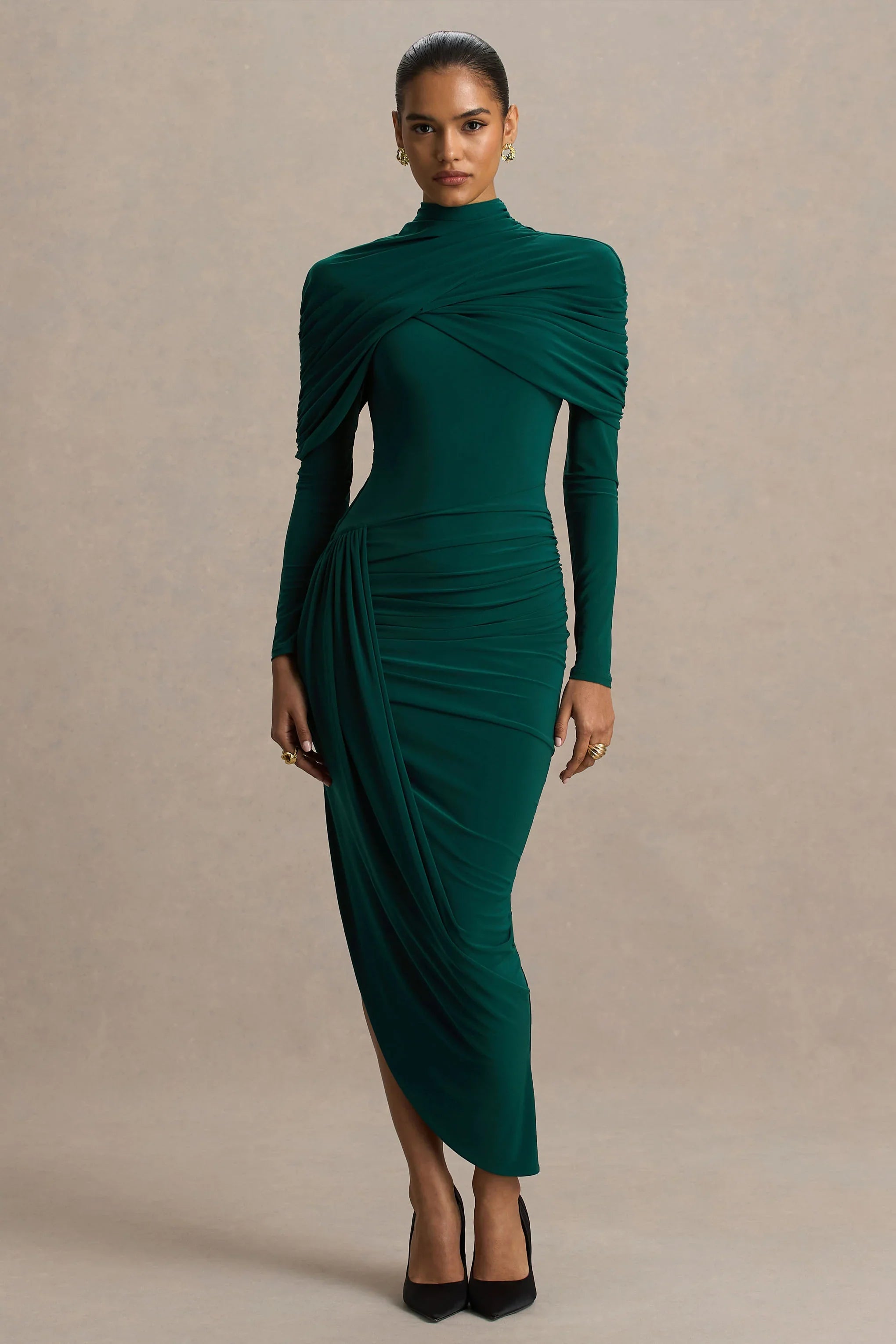 Aneira Bottle Green High Neck Maxi Dress With Cape Sleeves