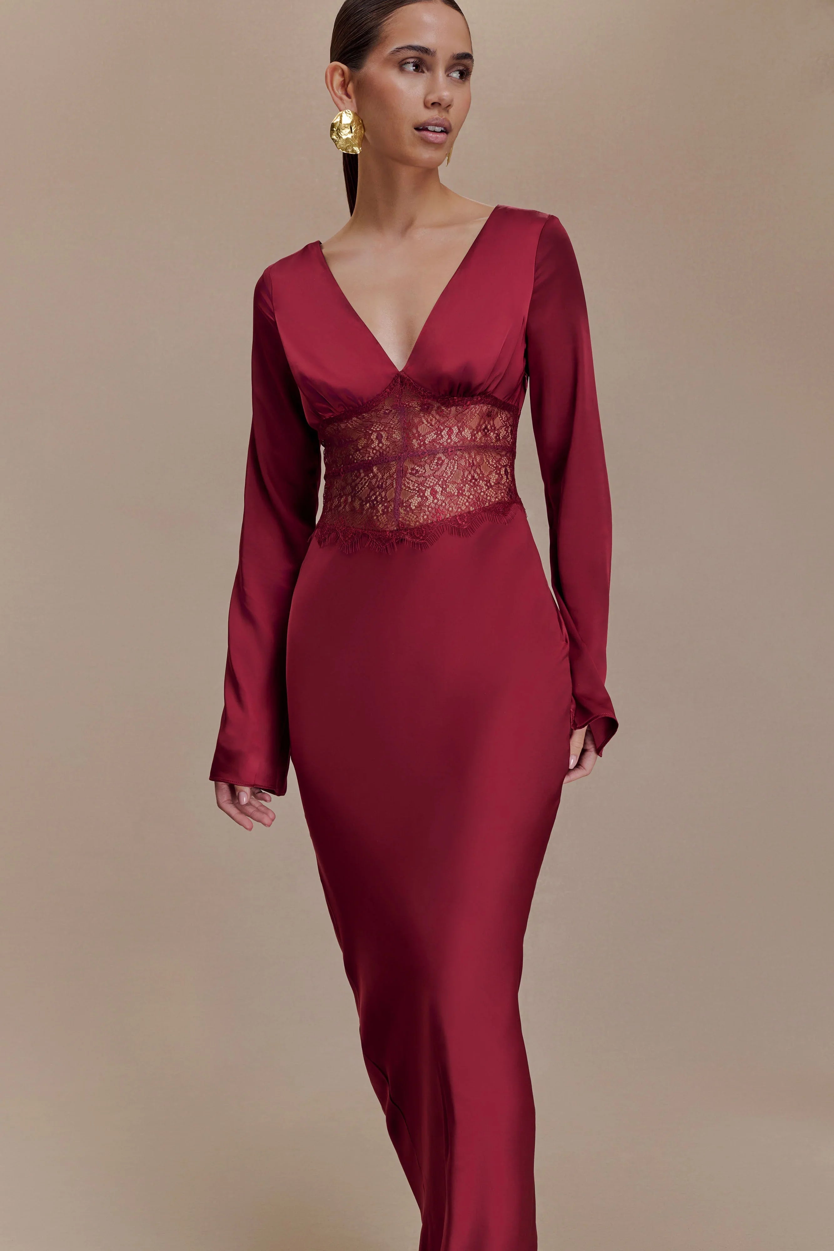 Kaya Long Sleeve Satin And Mesh Maxi Dress Wine