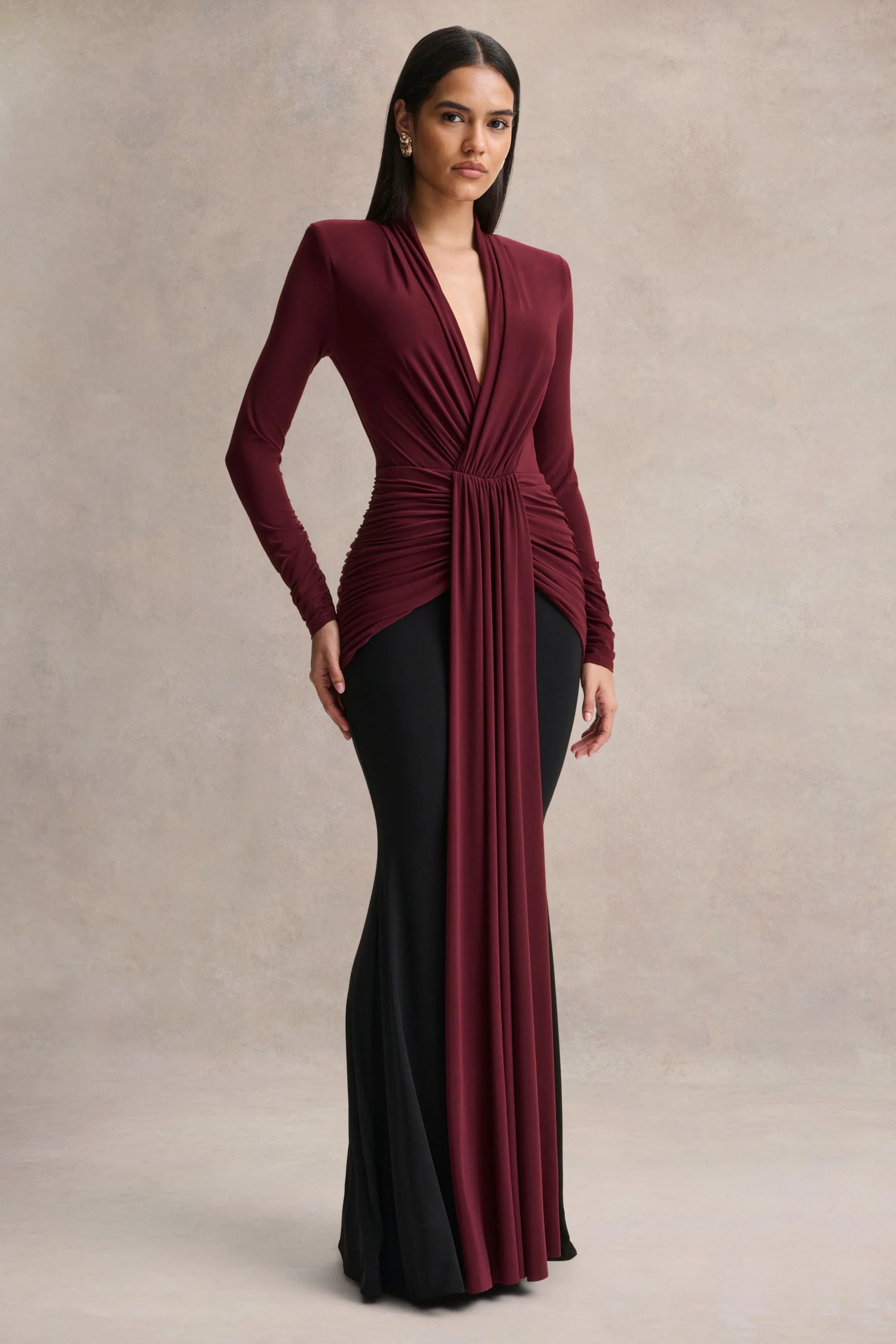 Halston Burgundy And Black Plunge Neck Maxi Dress With Gathered Detailing