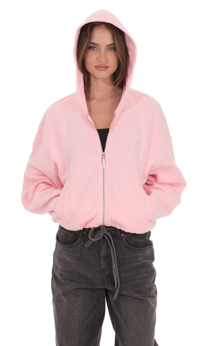 Cropped Fleece Zip Up Hoodie in Pink