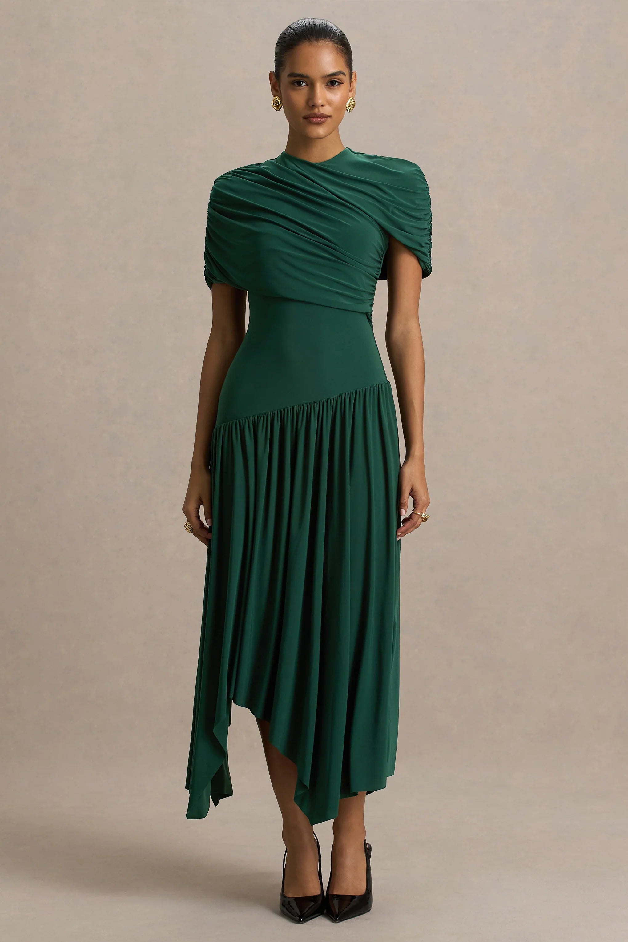 Ione Teal Wrapped Midi Dress With Hanky Hem