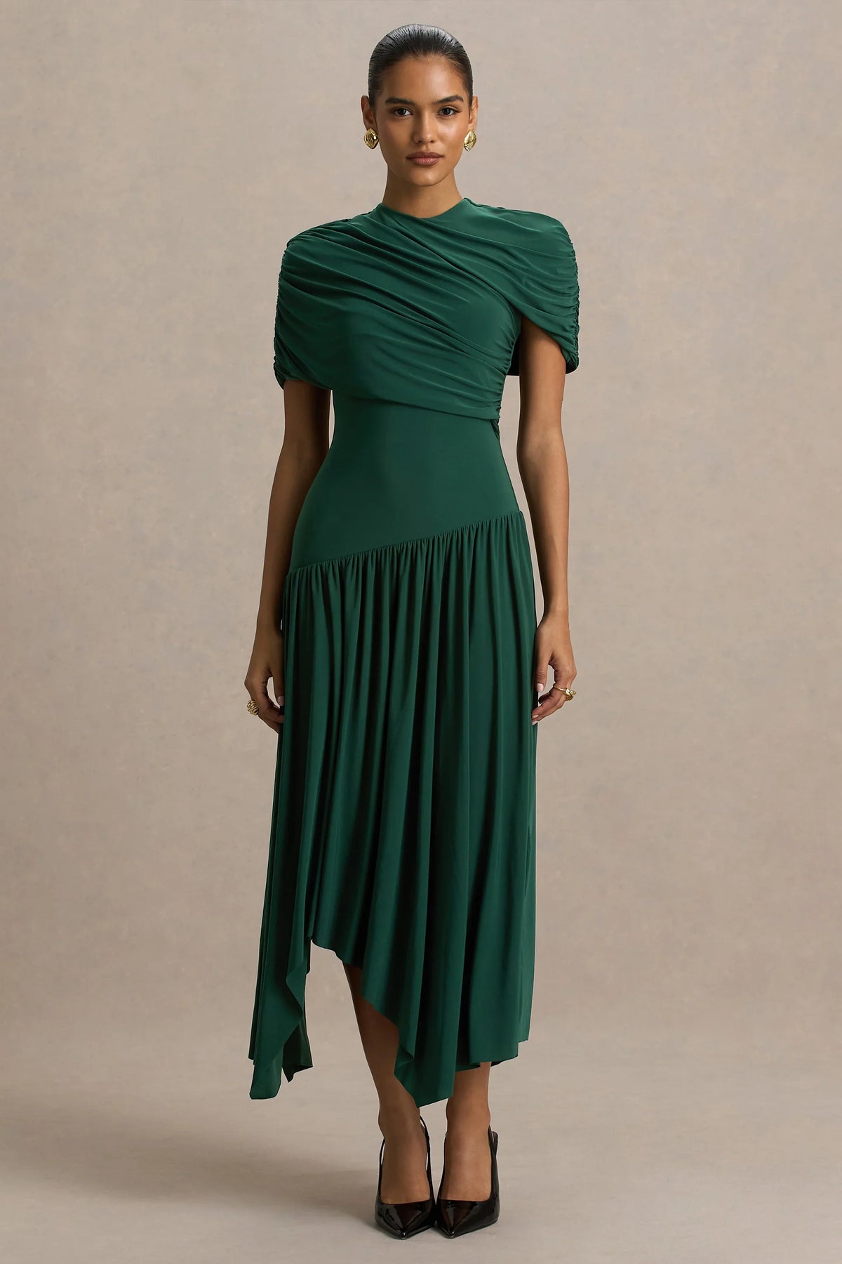 Ione Teal Wrapped Midi Dress With Hanky Hem