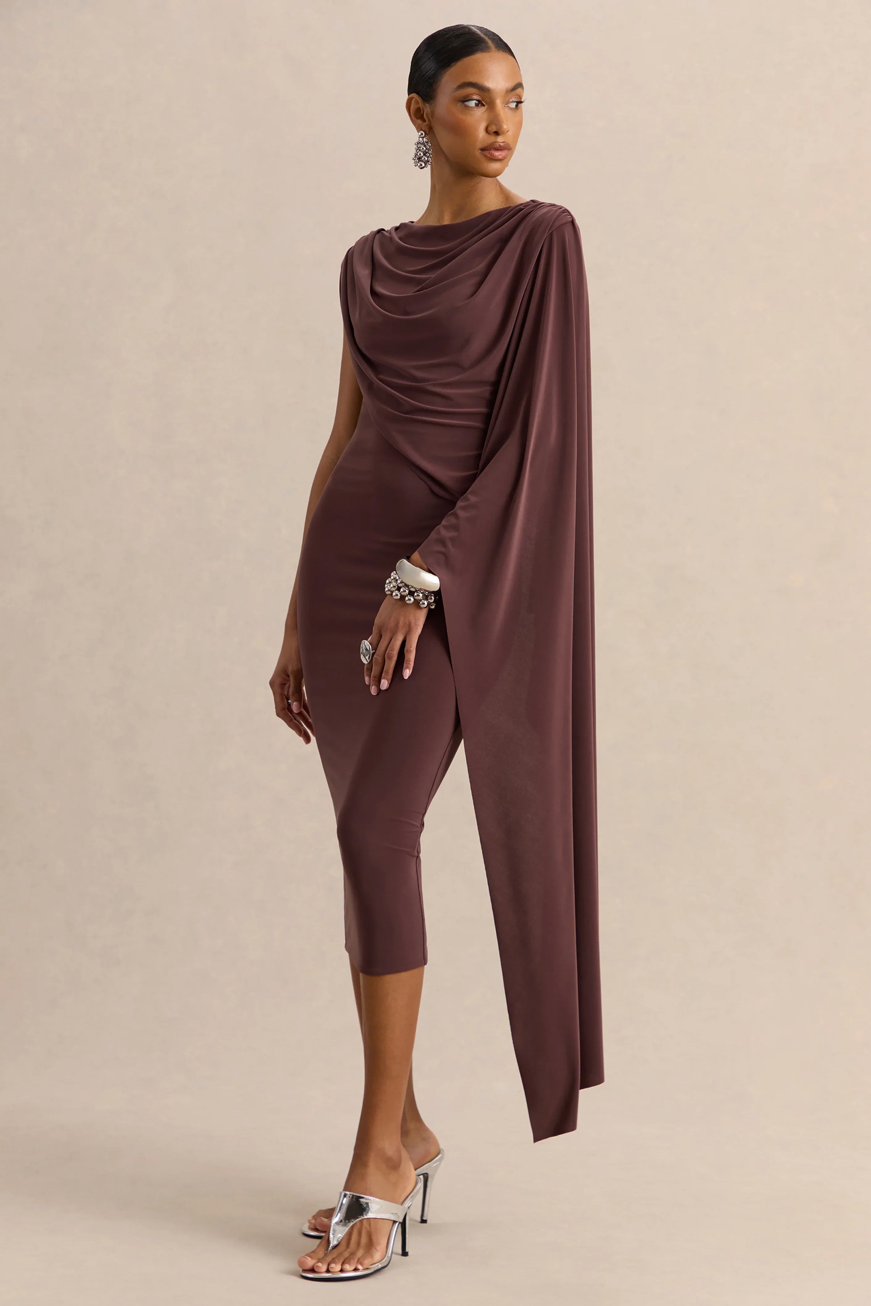 Kamoria Brown Round Neck Midi Dress With Cape Sleeve