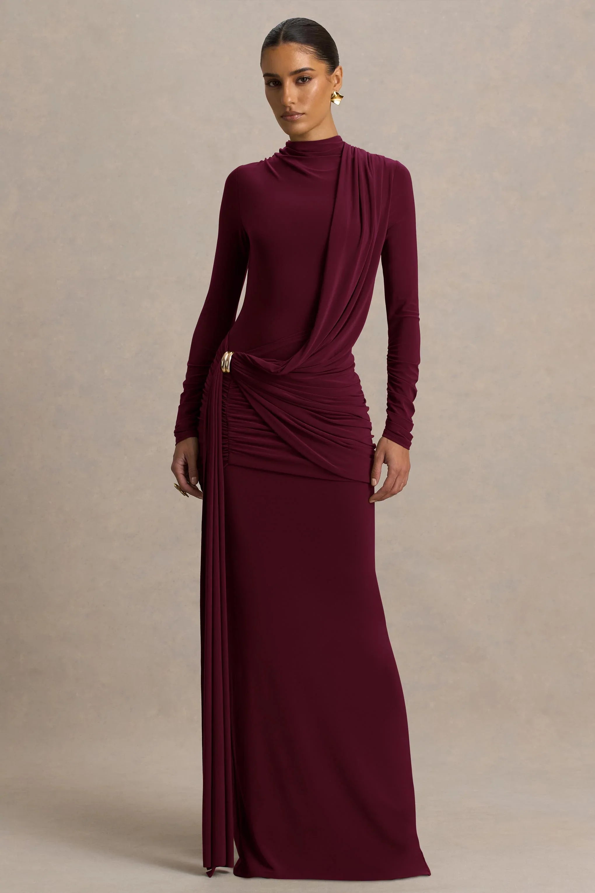 Melissa Burgundy Long Sleeve Wrap Maxi Dress With Draped Detailing