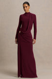 Melissa Burgundy Long Sleeve Wrap Maxi Dress With Draped Detailing