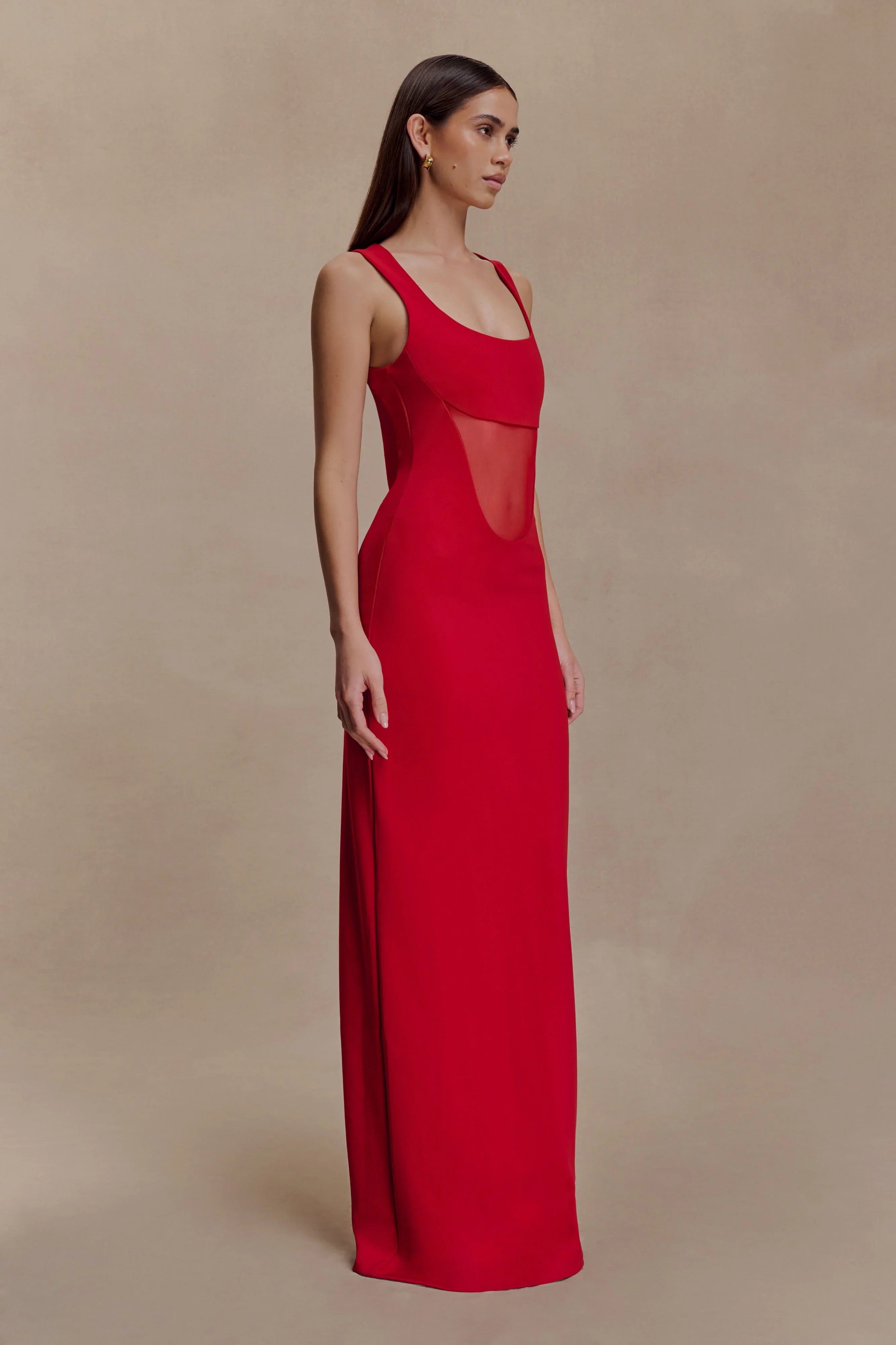 Marlon Crepe And Mesh Maxi Dress Cherry Red