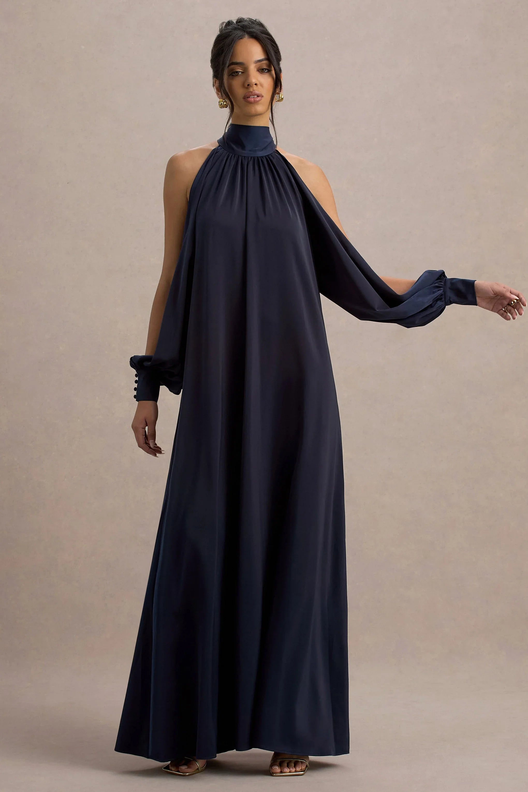 Baila Navy Satin High Neck Cape Sleeve Maxi Dress