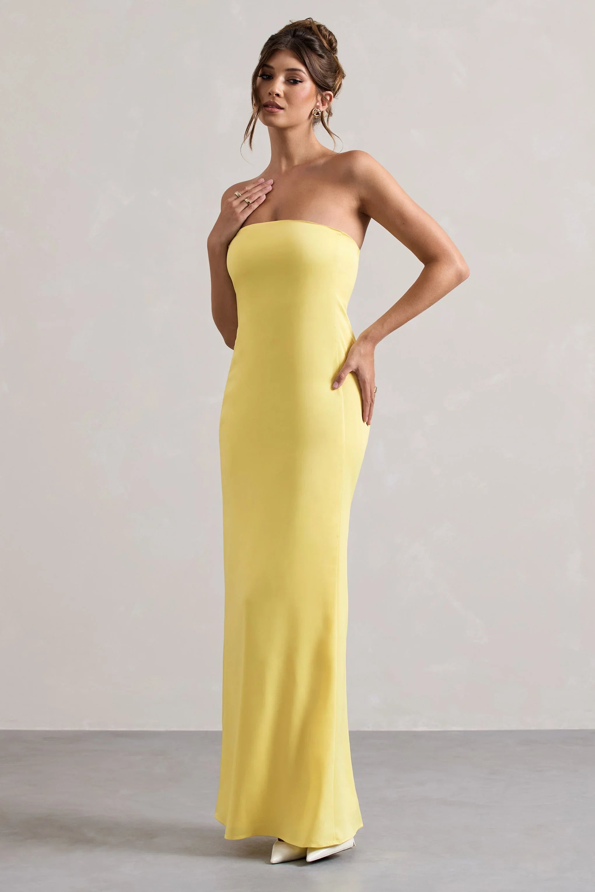 Azra Lemon Satin Bandeau Maxi Dress