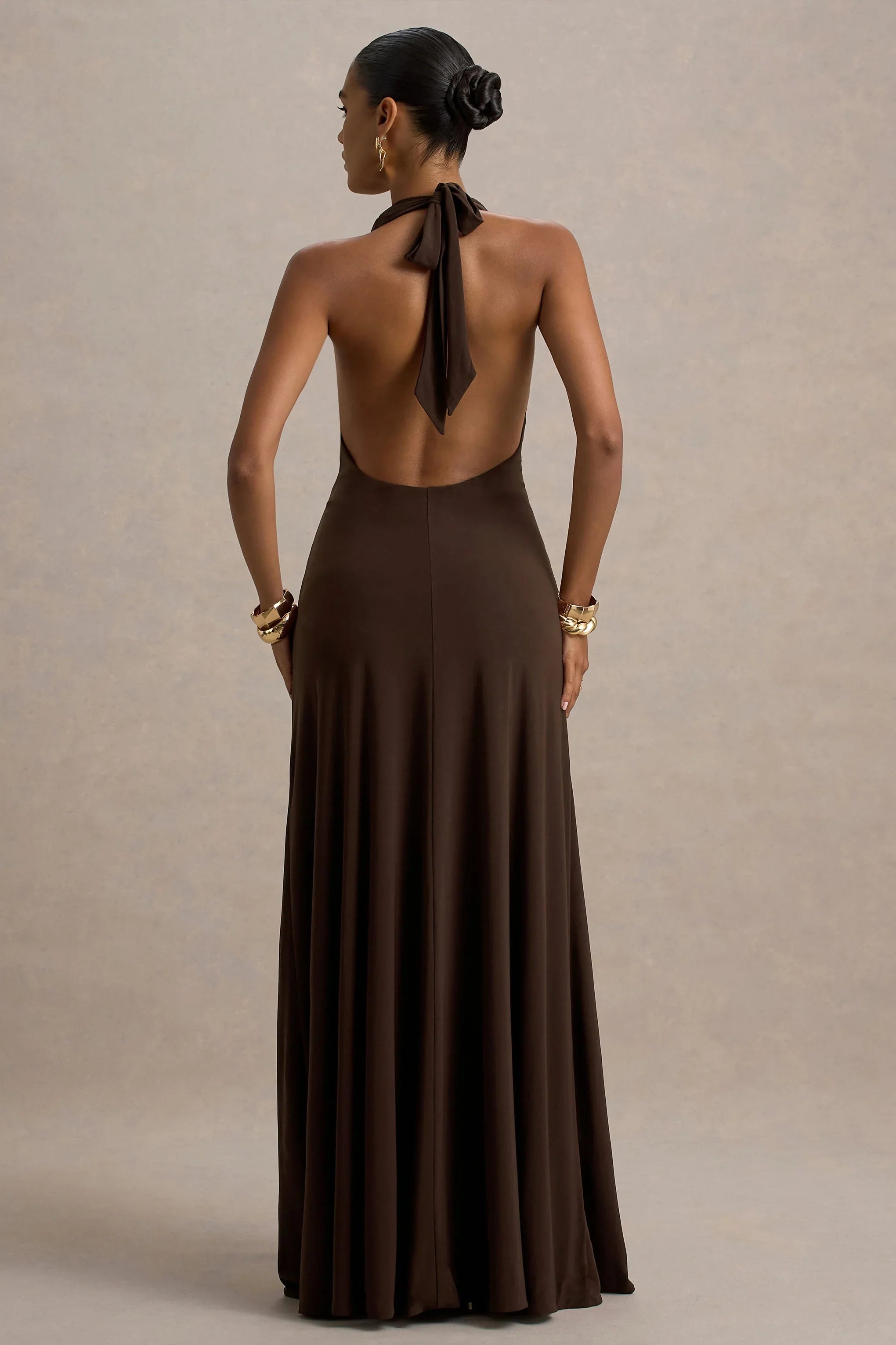 Mist Brown Plunge Neck Maxi Dress With Knot Detail And Open Back