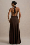 Mist Brown Plunge Neck Maxi Dress With Knot Detail And Open Back