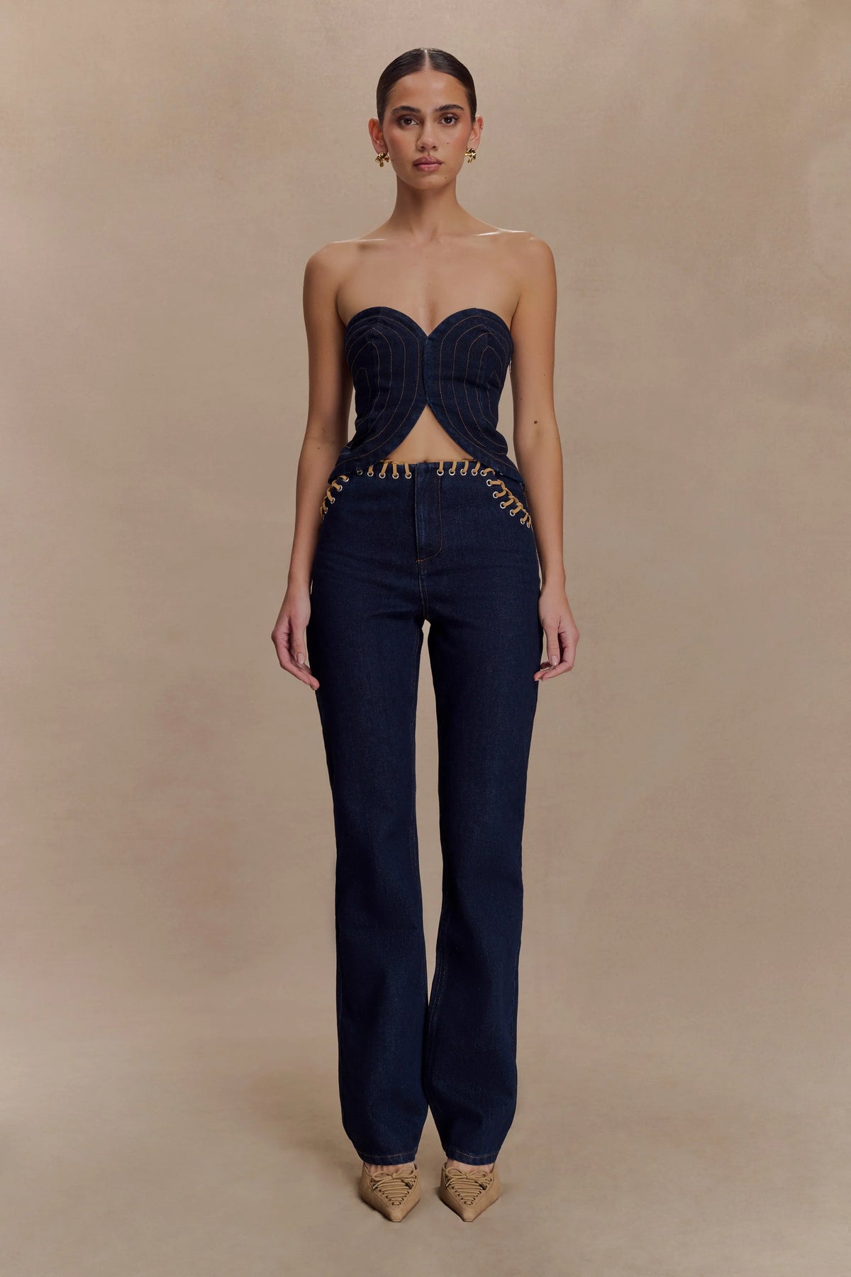Meryl Lace Up Denim Jean Indigo Blue