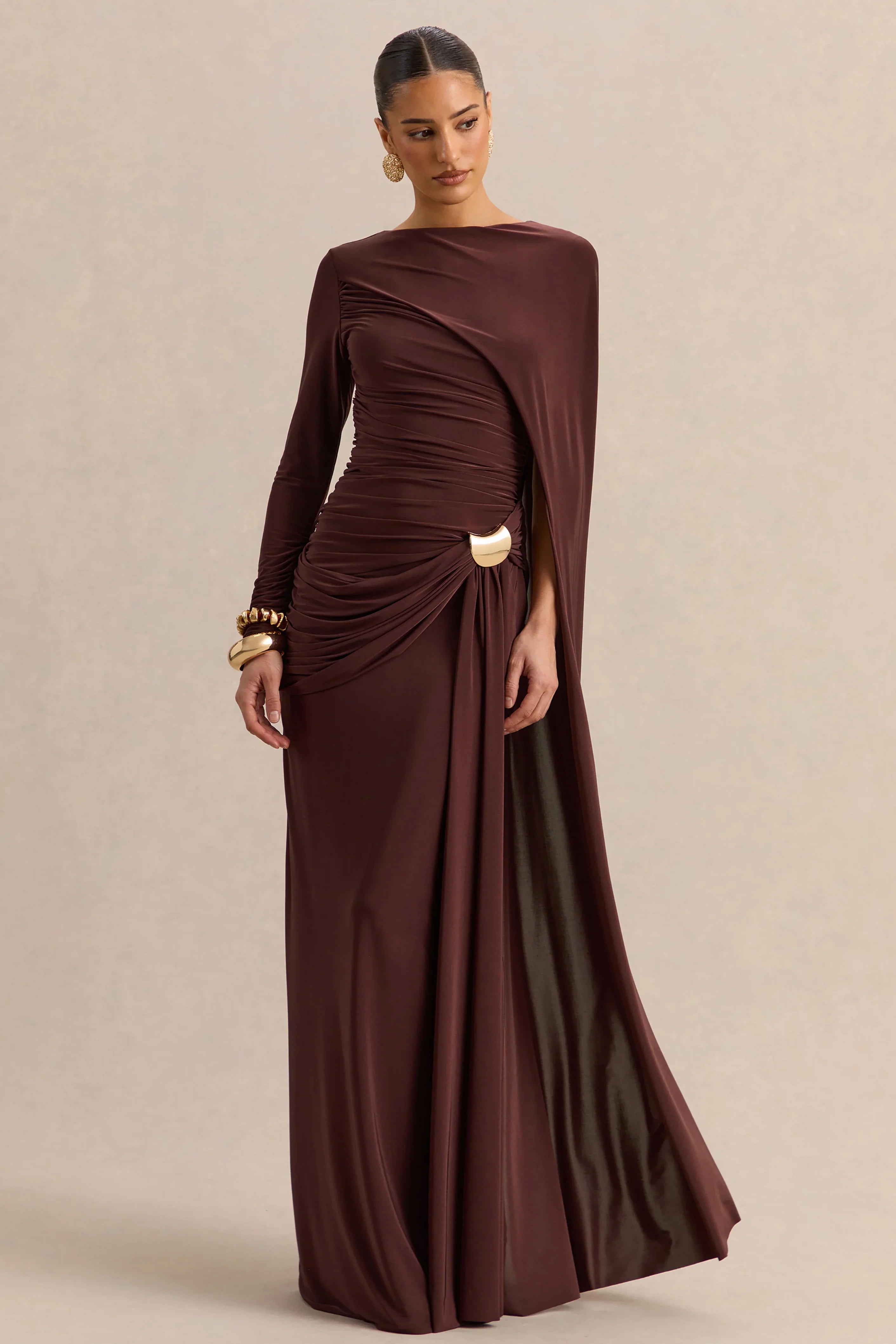 Orintha Brown Slashed Neck Maxi Dress With Cape And Gold Detail