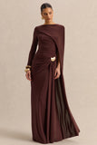 Orintha Brown Slashed Neck Maxi Dress With Cape And Gold Detail