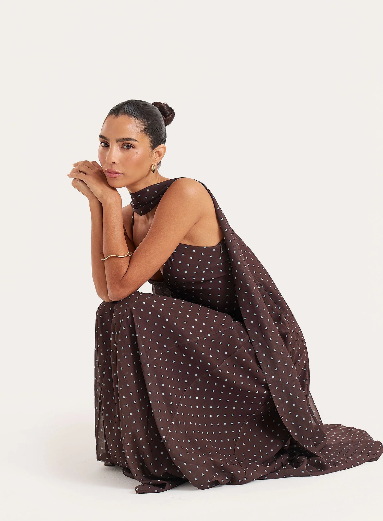 Brown Polka Dot Chiffon Scarf Detail Maxi Dress