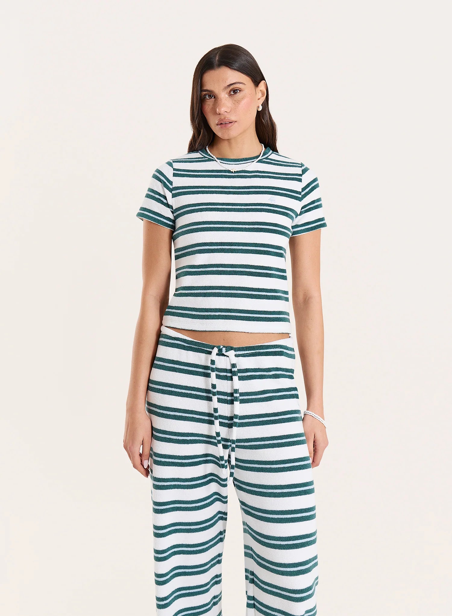 Green And White Stripe Towelling Short Sleeve Top