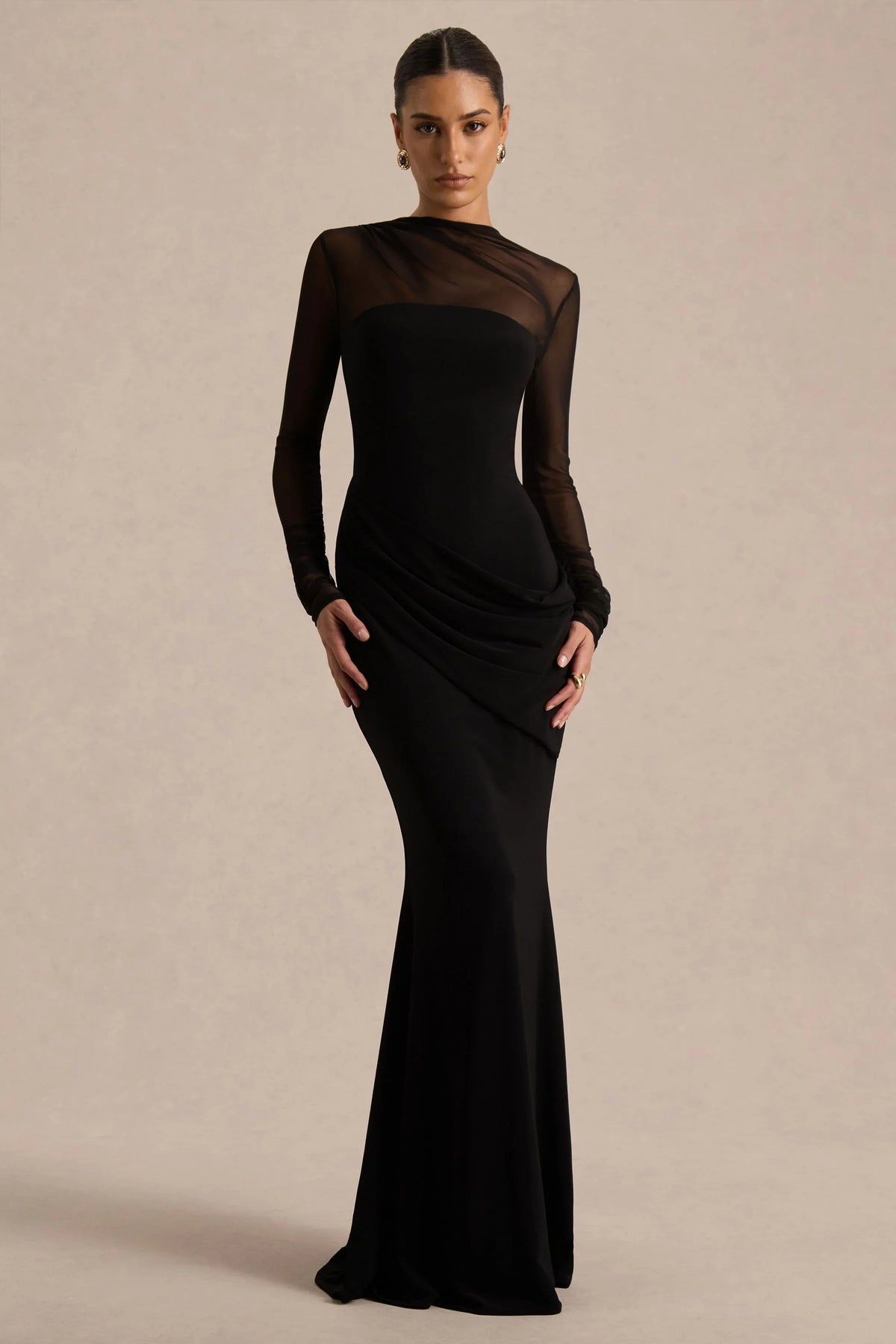 Deema Black Jersey And Mesh High Neck Maxi Dress