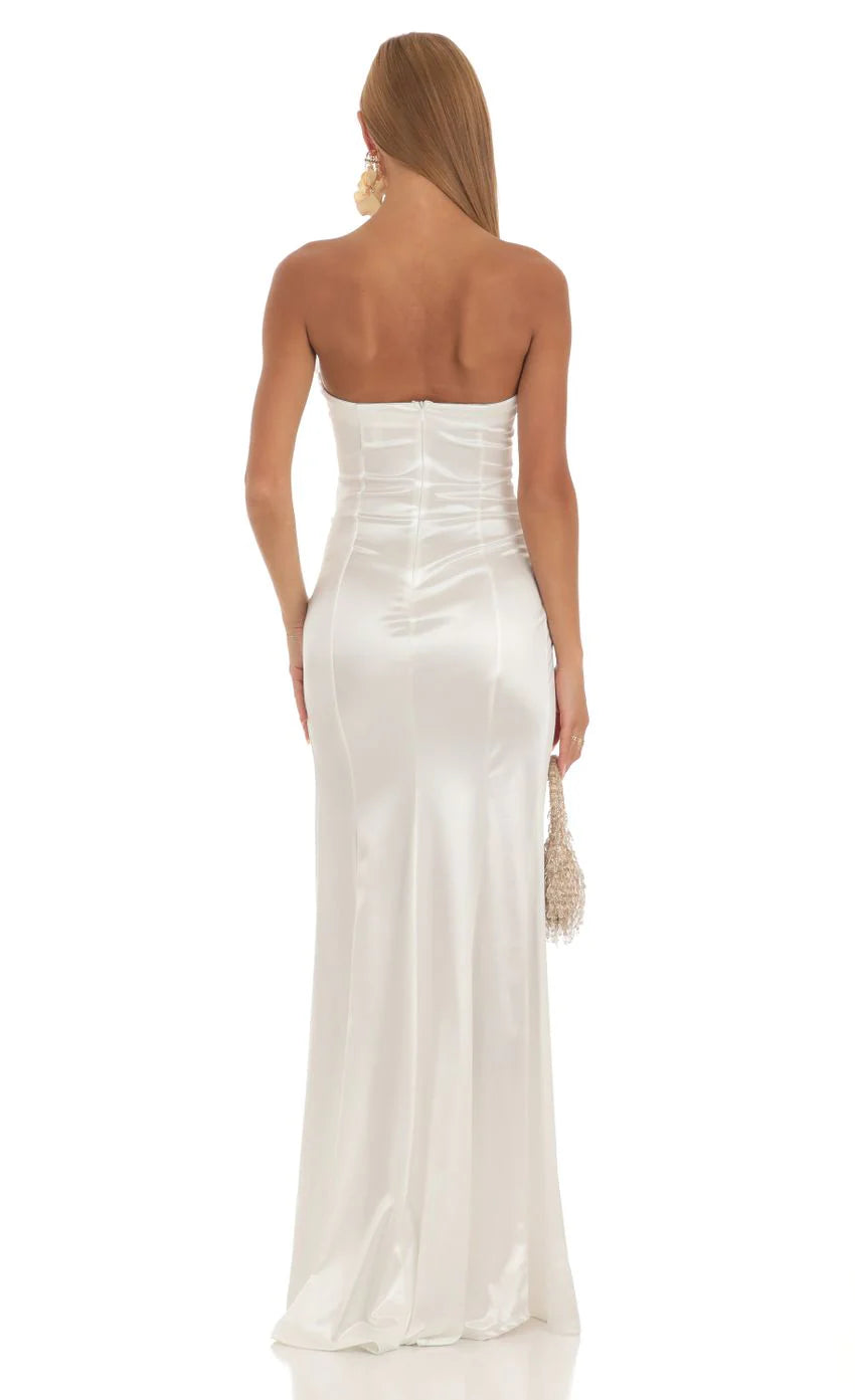 Strapless Satin Maxi Dress in White