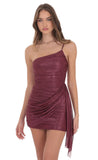 Foil Mesh One Shoulder Tassel Dress in Burgundy