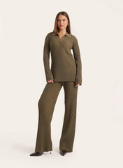 Olive Knitted Long Sleeve Polo Top