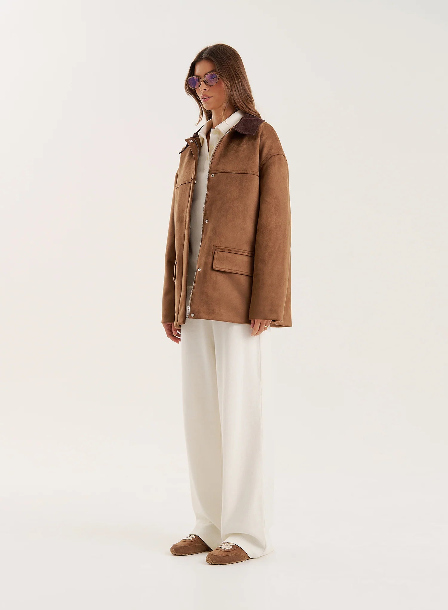 Brown Contrast Collar Faux Suede Barn Shacket