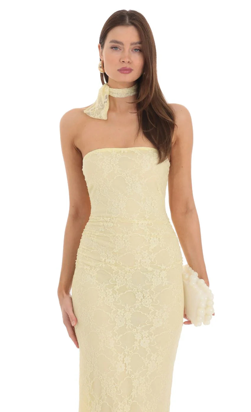 Scarf Lace Maxi Dress in Yellow