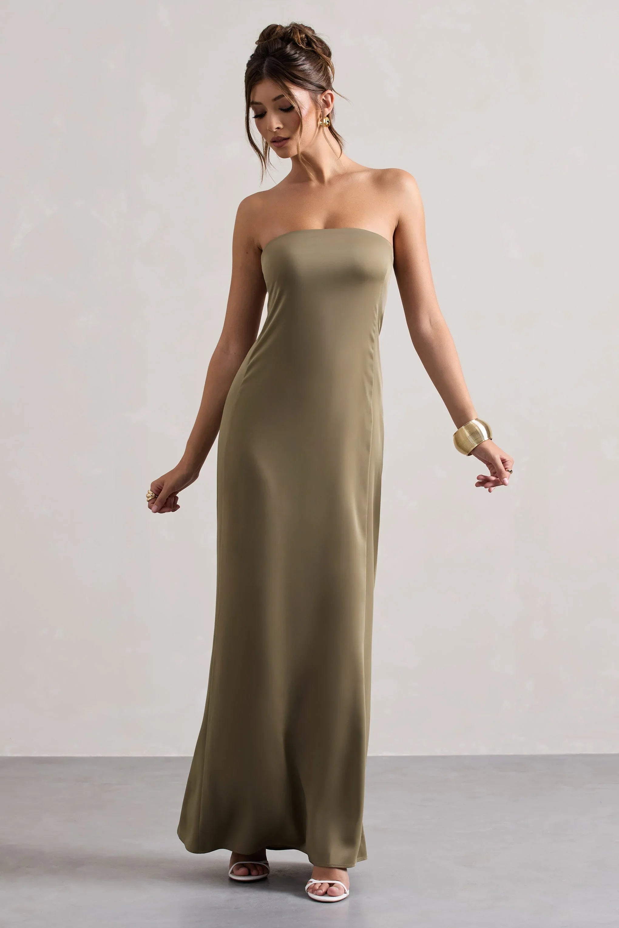 Azra Olive Satin Bandeau Maxi Dress